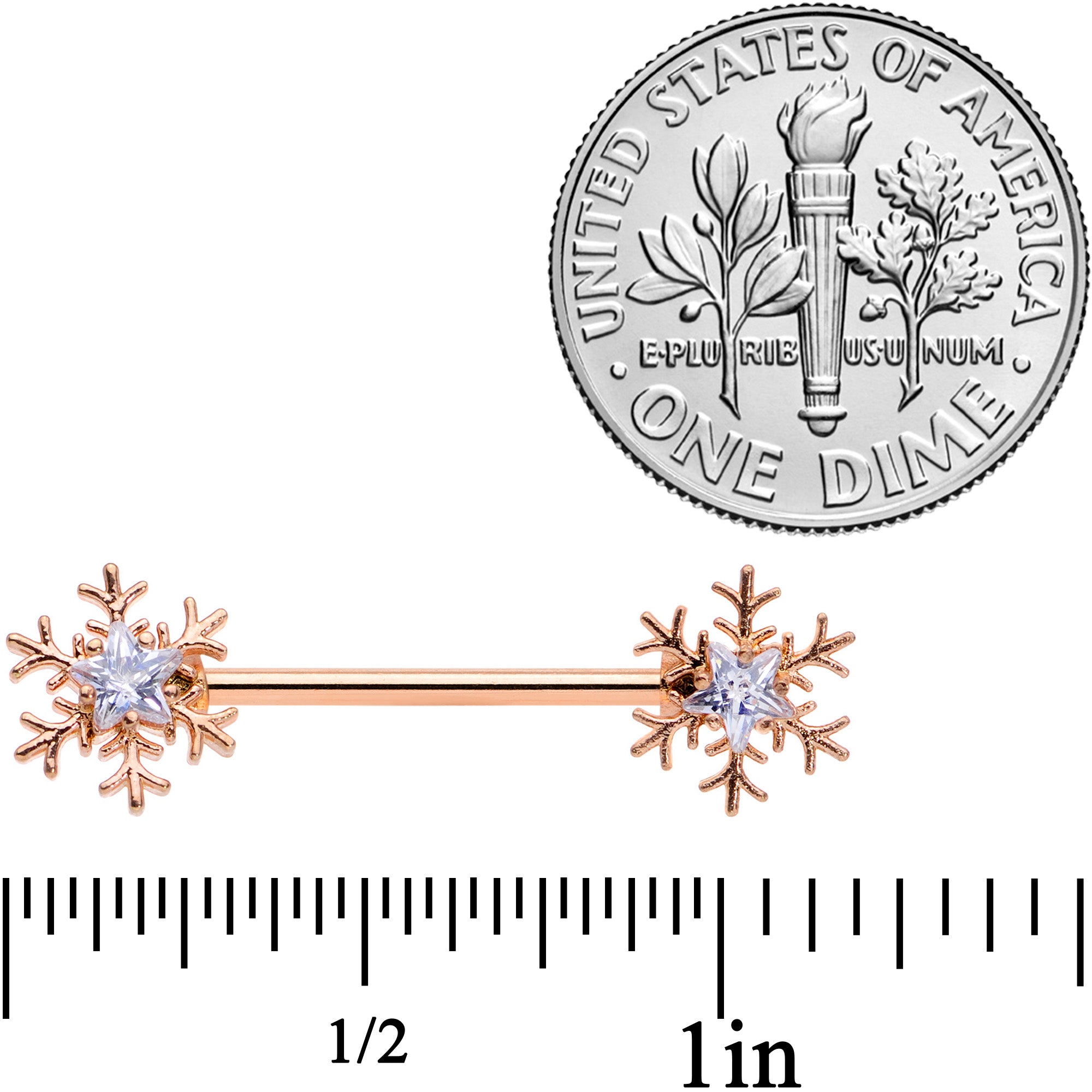 14G 5/8 Clear Gem Rose Gold Hue Snowflake Barbell Nipple Ring Set