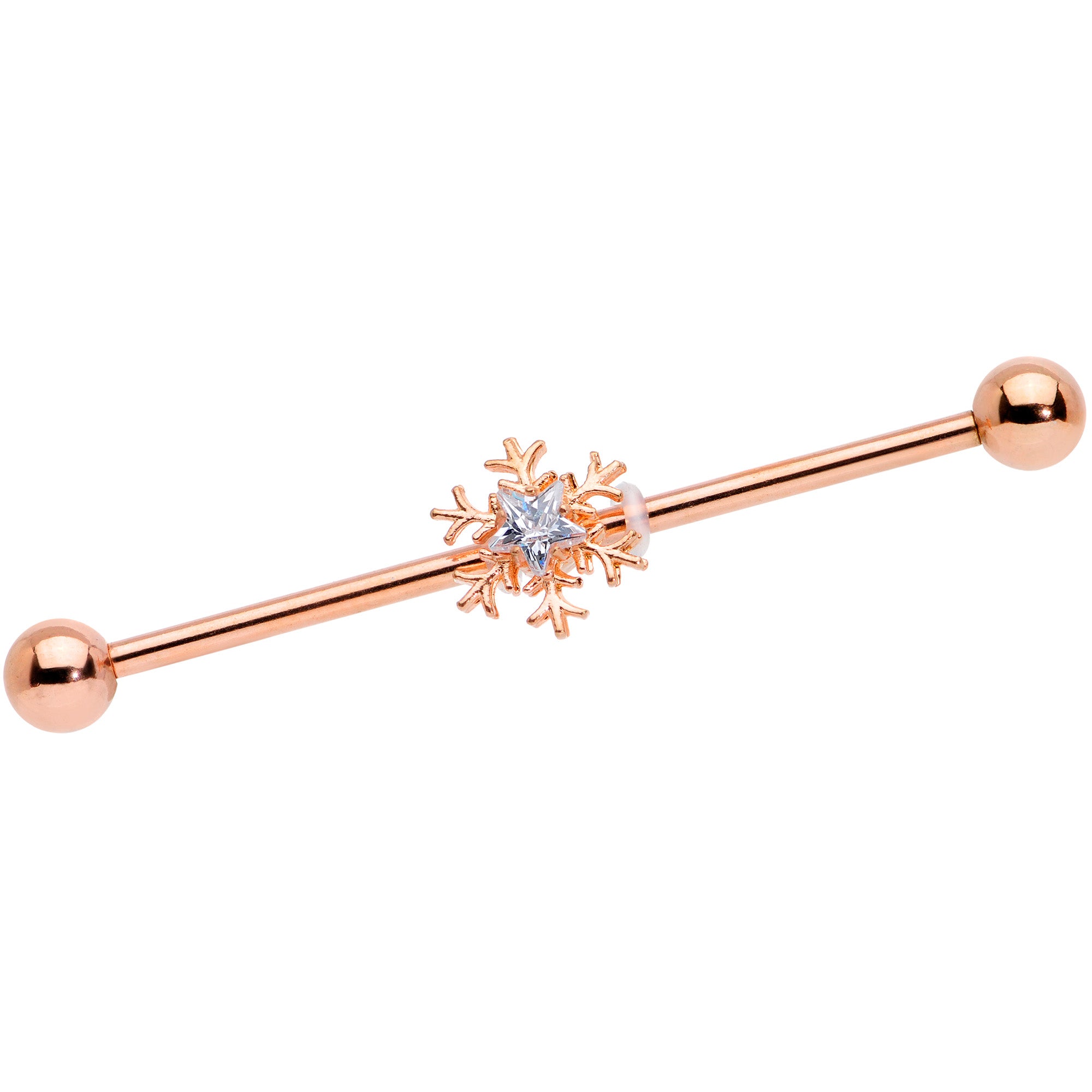 14G Clear Gem Rose Gold Tone Snowflake Industrial Barbell 38mm