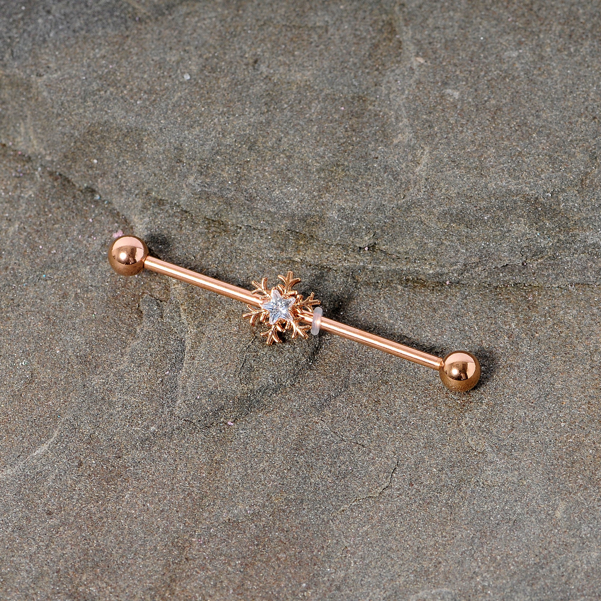 14G Clear Gem Rose Gold Tone Snowflake Industrial Barbell 38mm