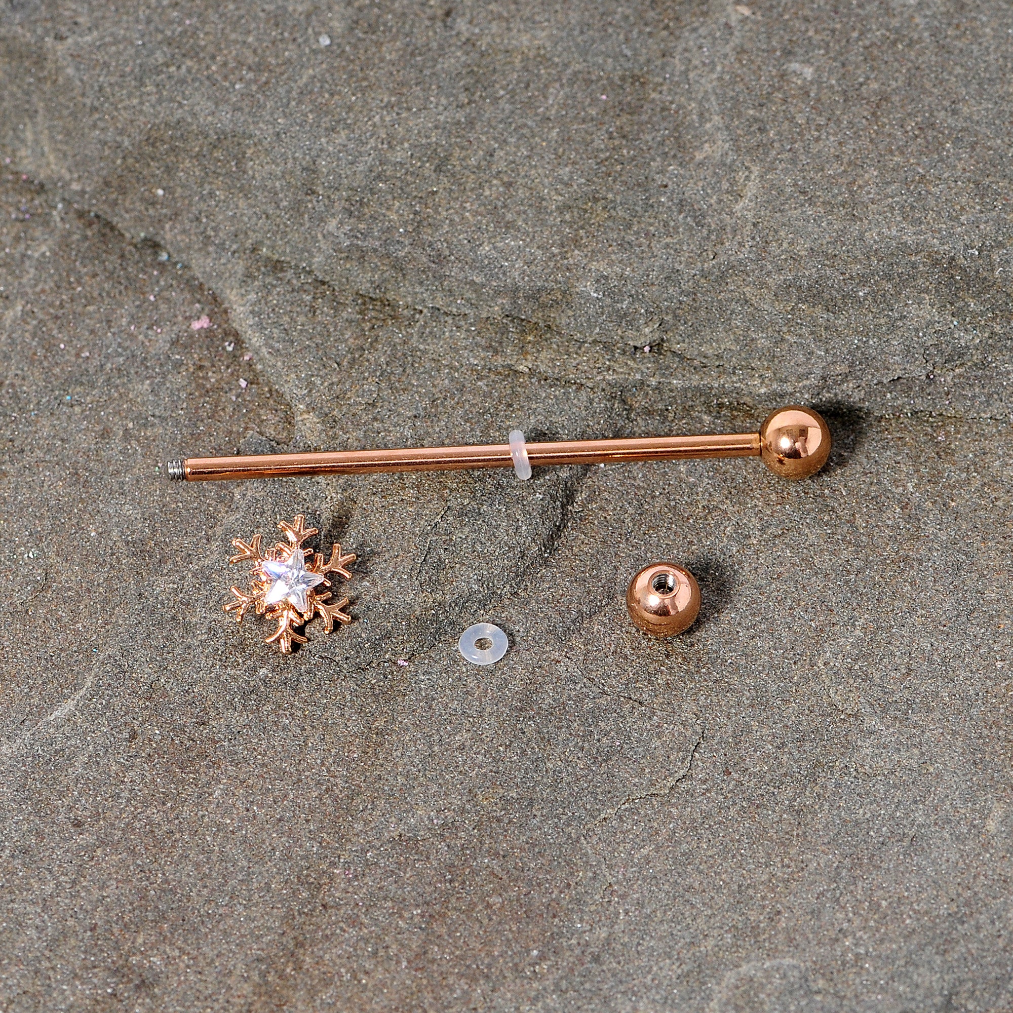 14G Clear Gem Rose Gold Tone Snowflake Industrial Barbell 38mm