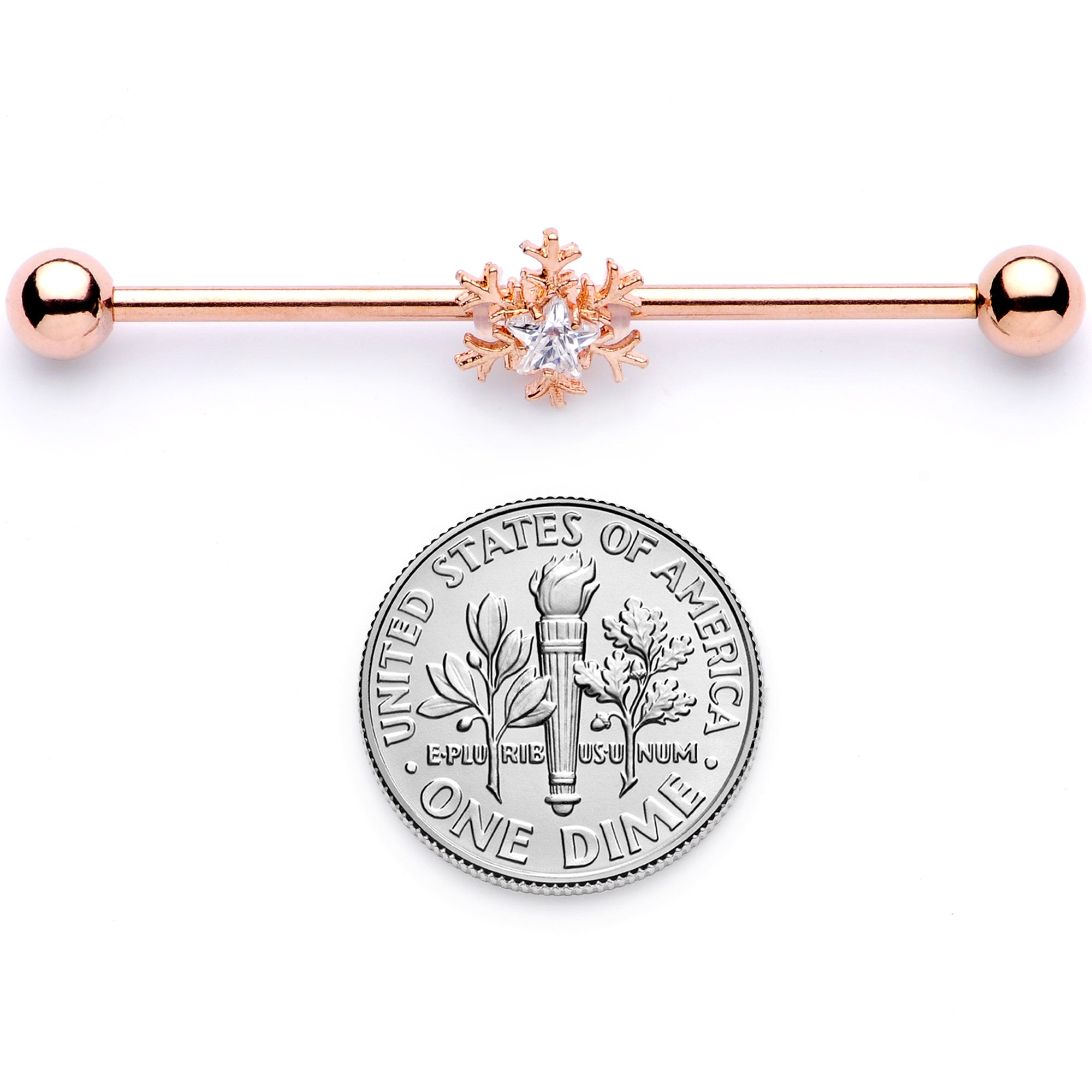 14G Clear Gem Rose Gold Tone Snowflake Industrial Barbell 38mm