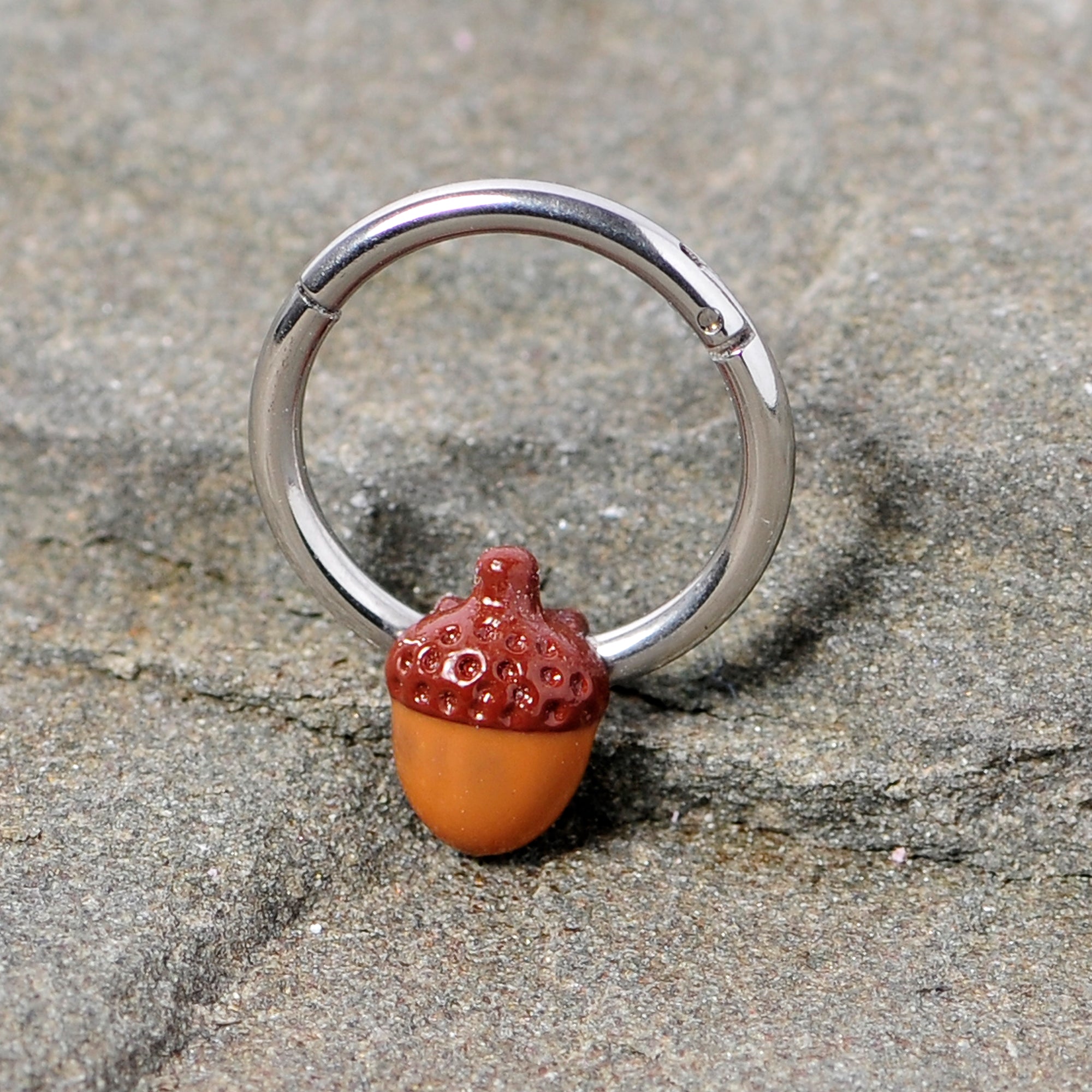 16G 3/8 Brown Autumn Acorn Hinged Segment Ring