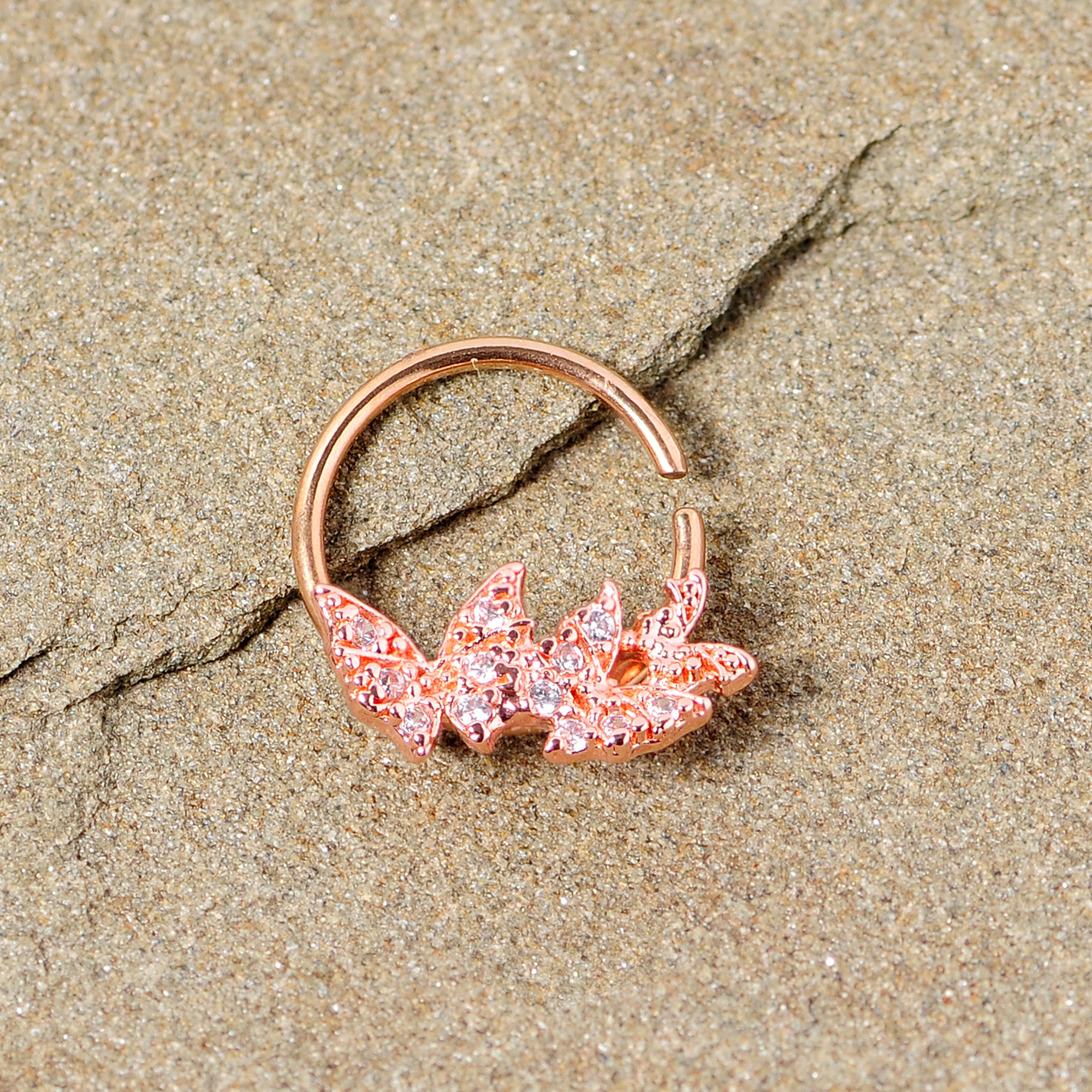 16G 3/8 Clear CZ Gem Rose Gold Tone Trio Butterfly Seamless Ring