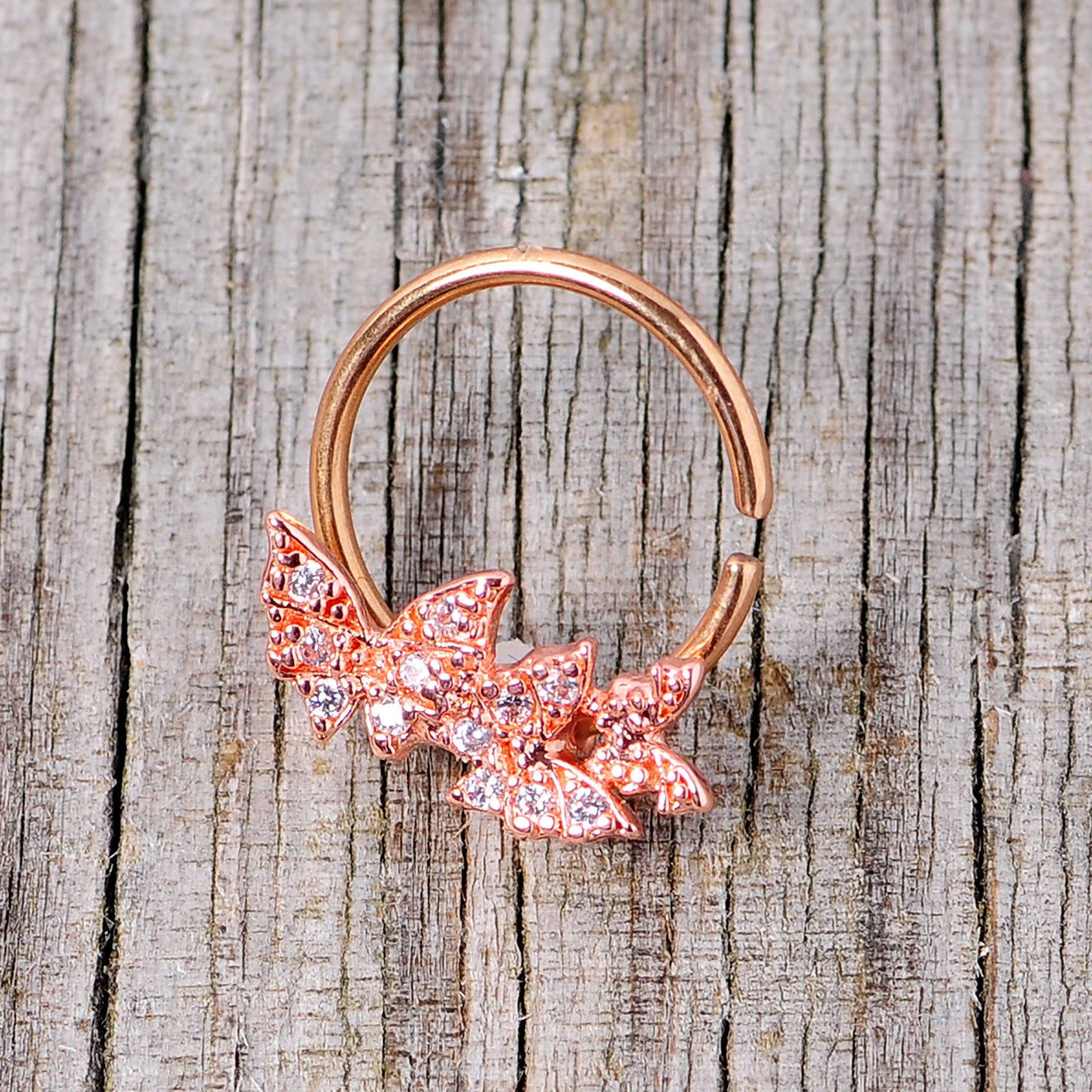 16G 3/8 Clear CZ Gem Rose Gold Tone Trio Butterfly Seamless Ring