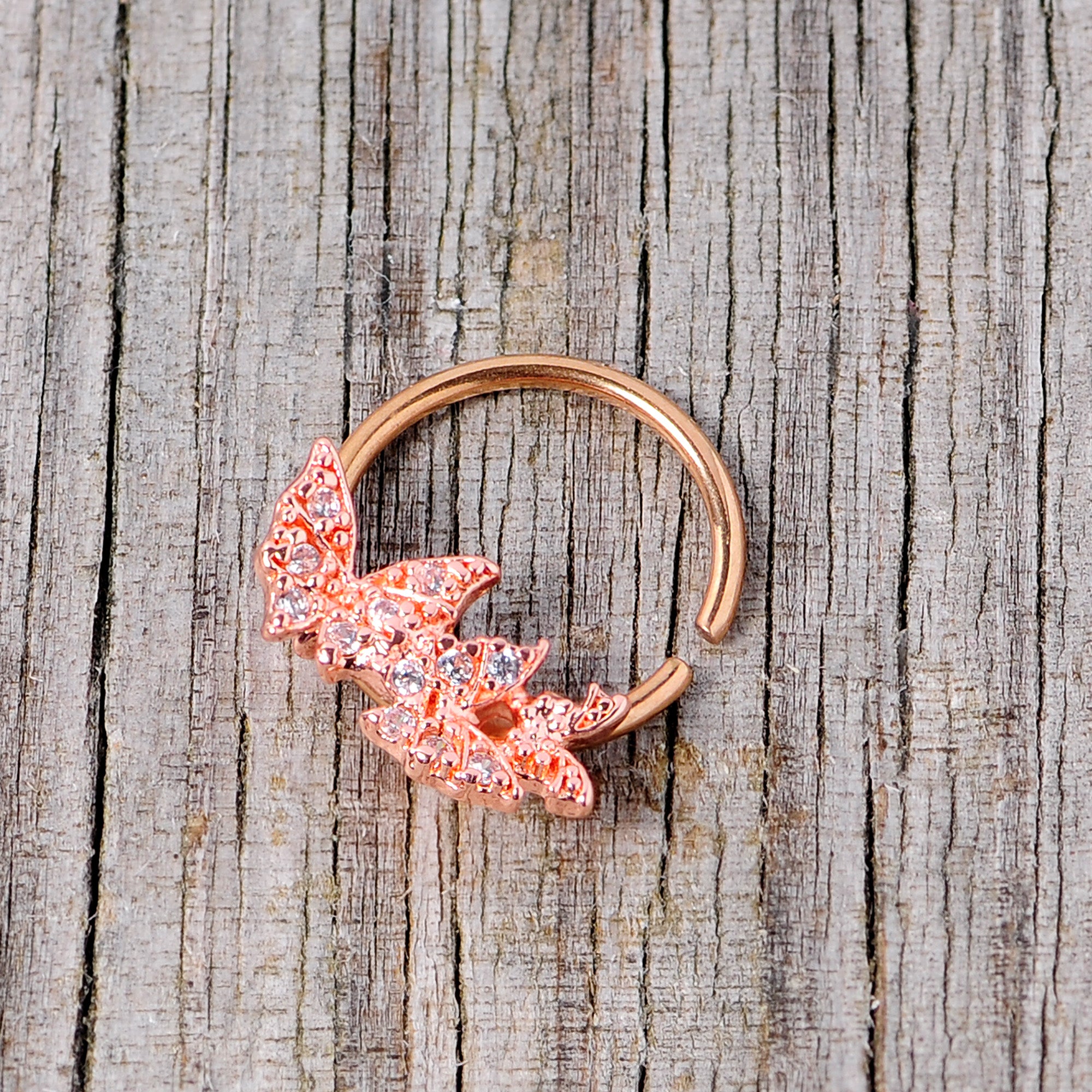 16G 3/8 Clear CZ Gem Rose Gold Tone Trio Butterfly Seamless Ring