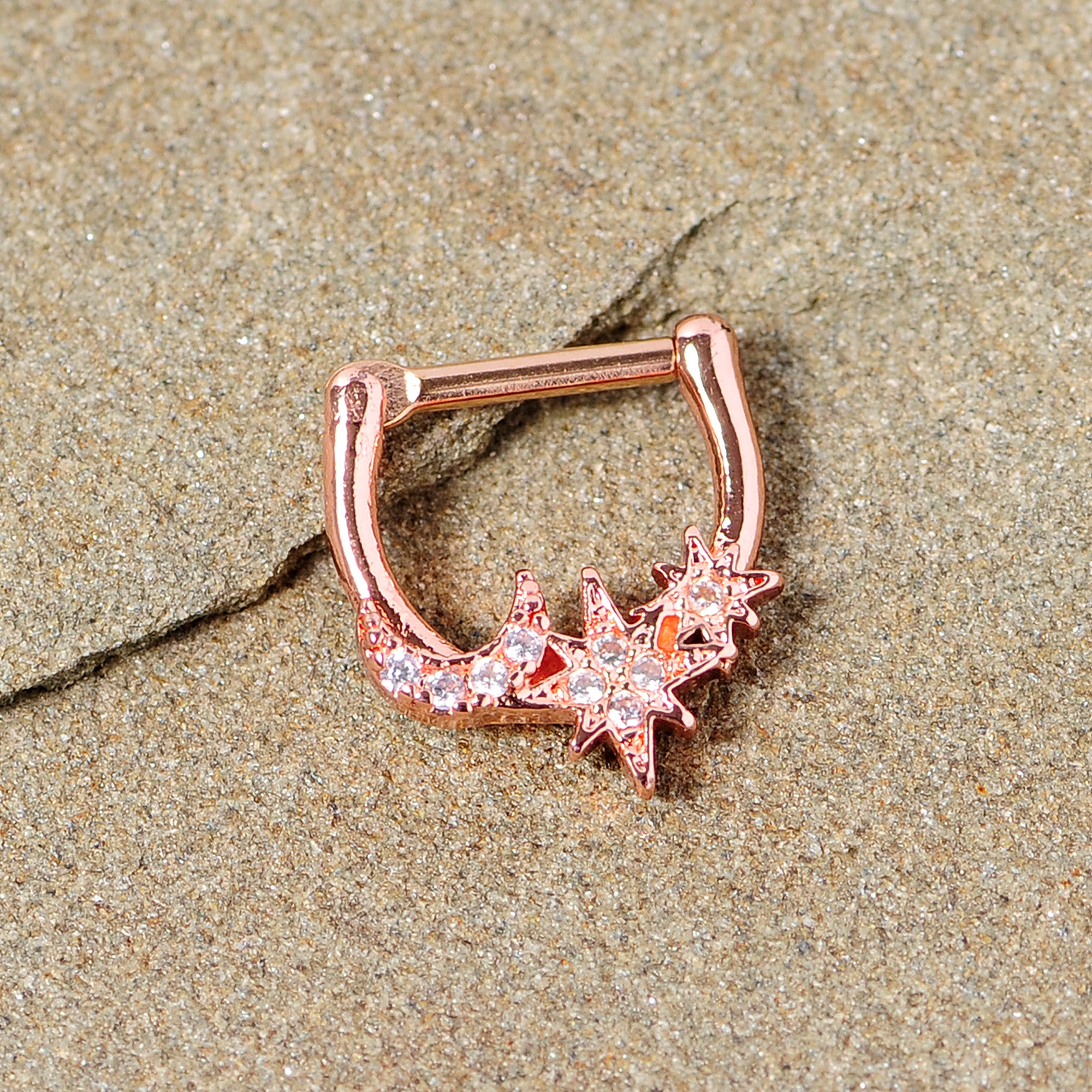 16G 1/4 Clear CZ Gem Rose Gold Tone Moon Stars Cartilage Clicker