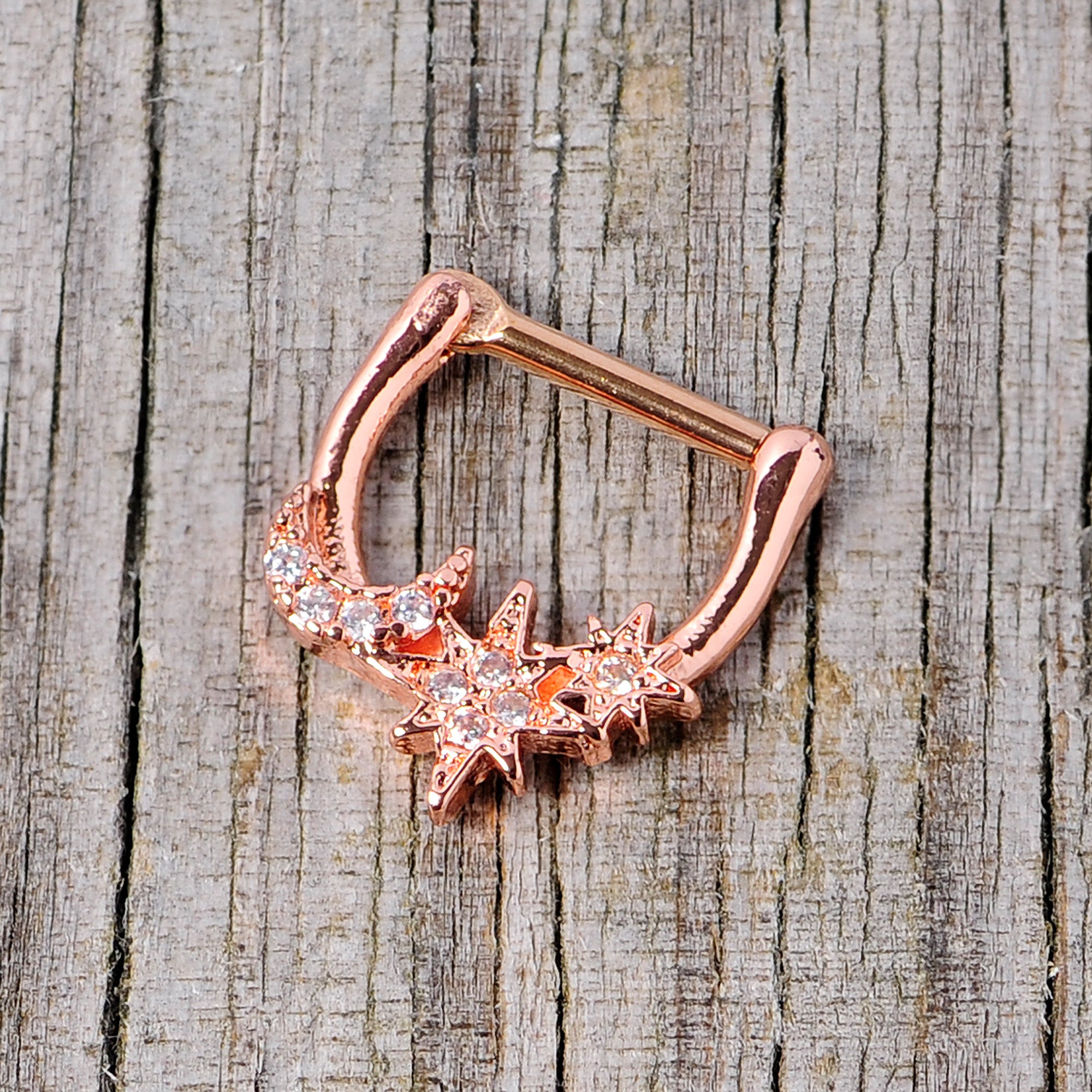 16G 1/4 Clear CZ Gem Rose Gold Tone Moon Stars Cartilage Clicker