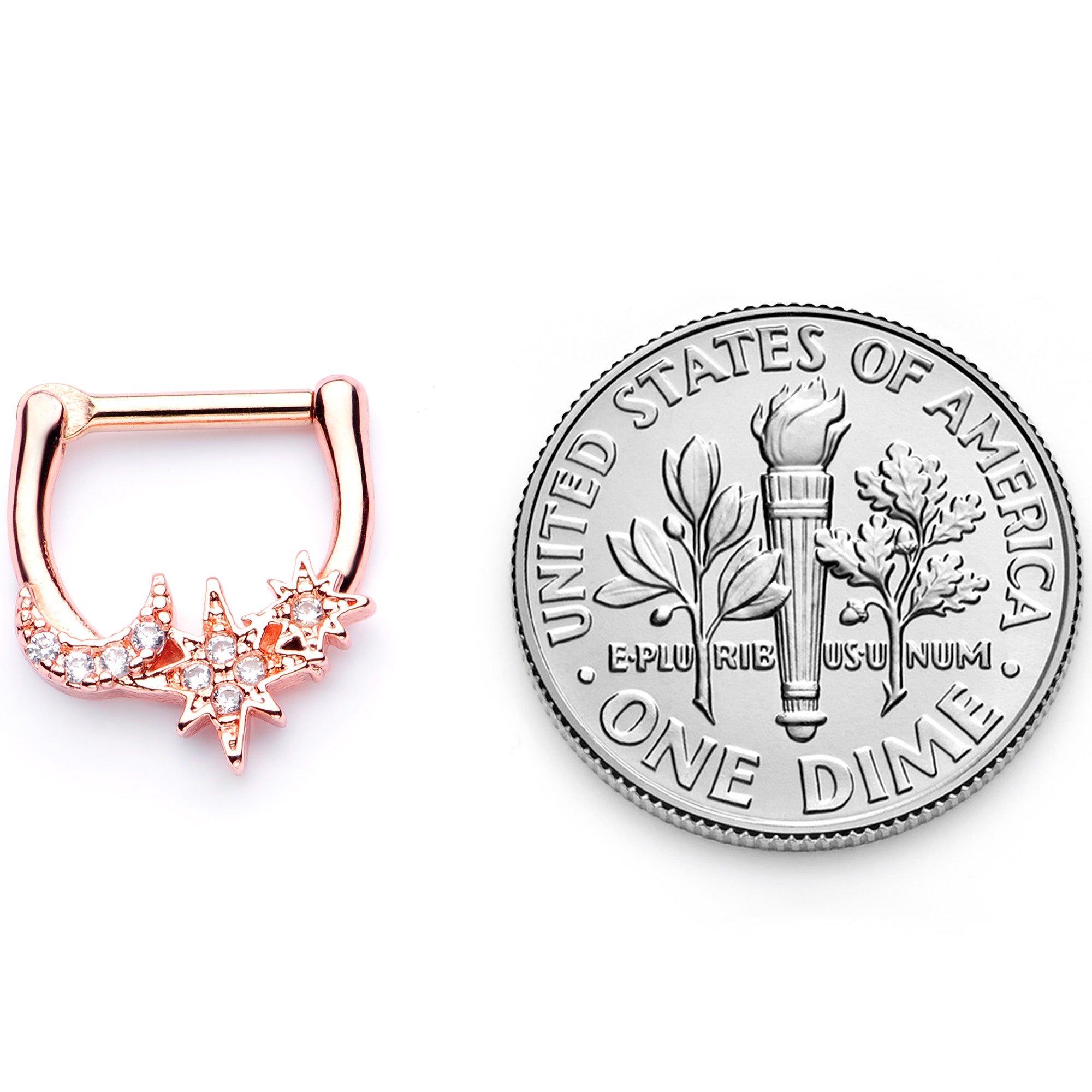 16G 1/4 Clear CZ Gem Rose Gold Tone Moon Stars Cartilage Clicker