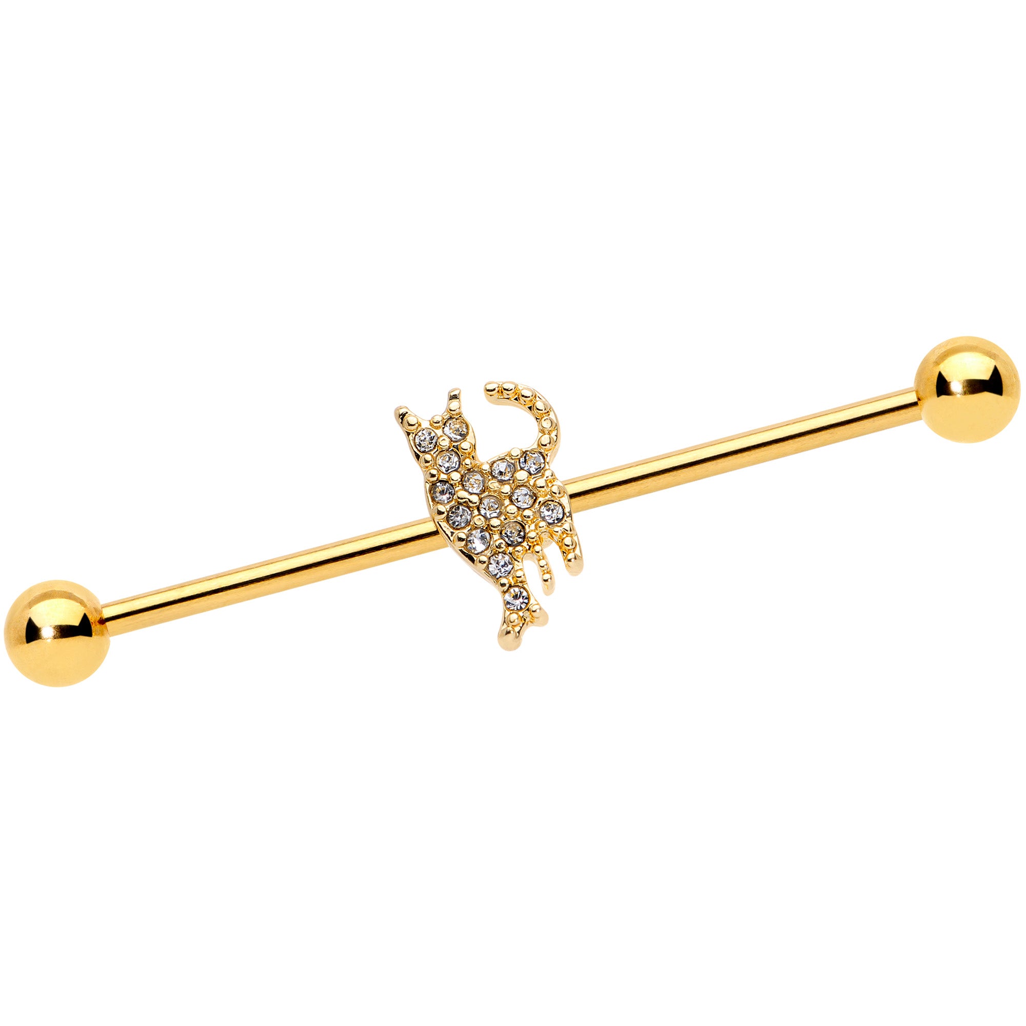 14G Clear Gem Gold Tone Glamourpuss Cat Industrial Barbell 38mm