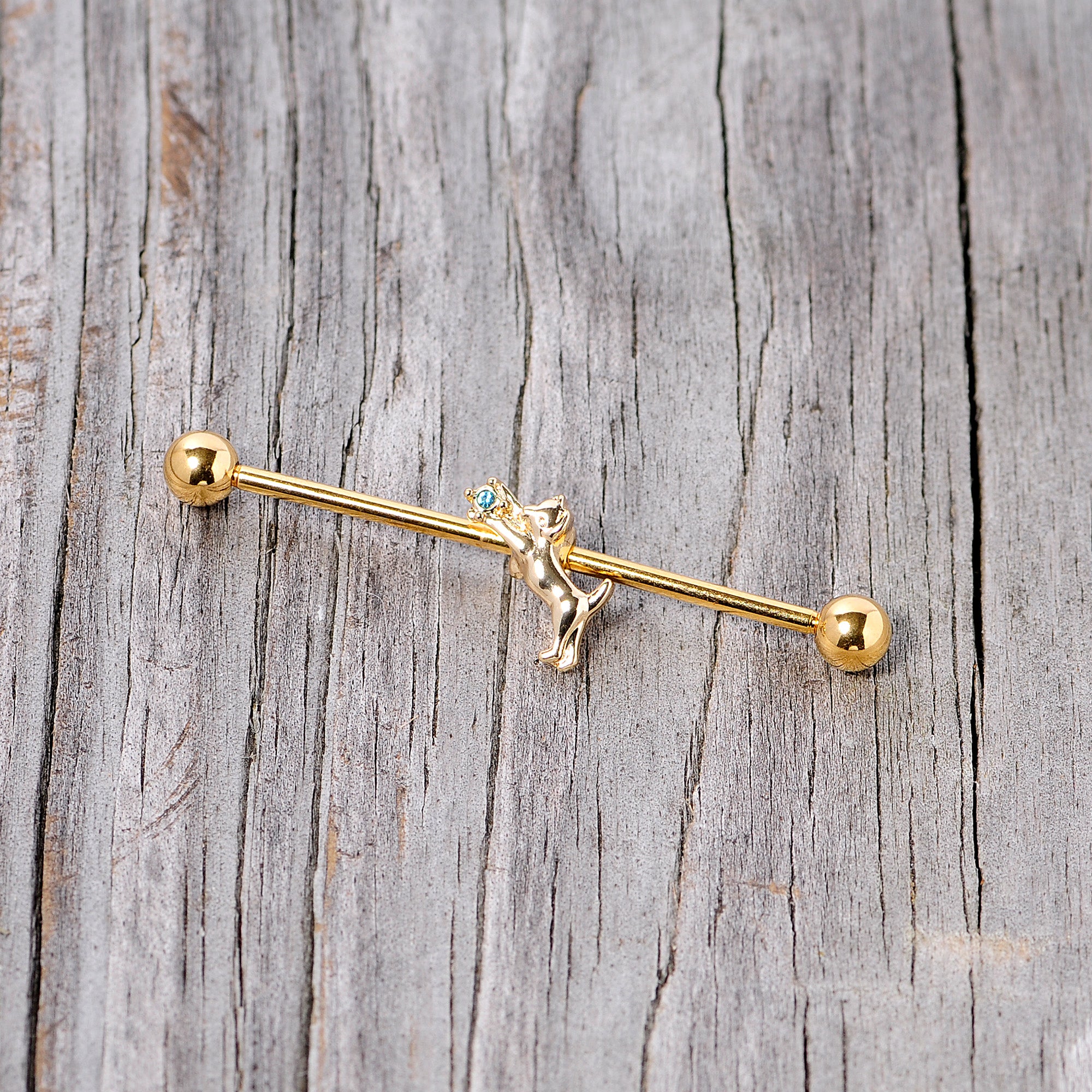14G Blue Gem Gold Tone Leaping Cat Industrial Barbell 38mm