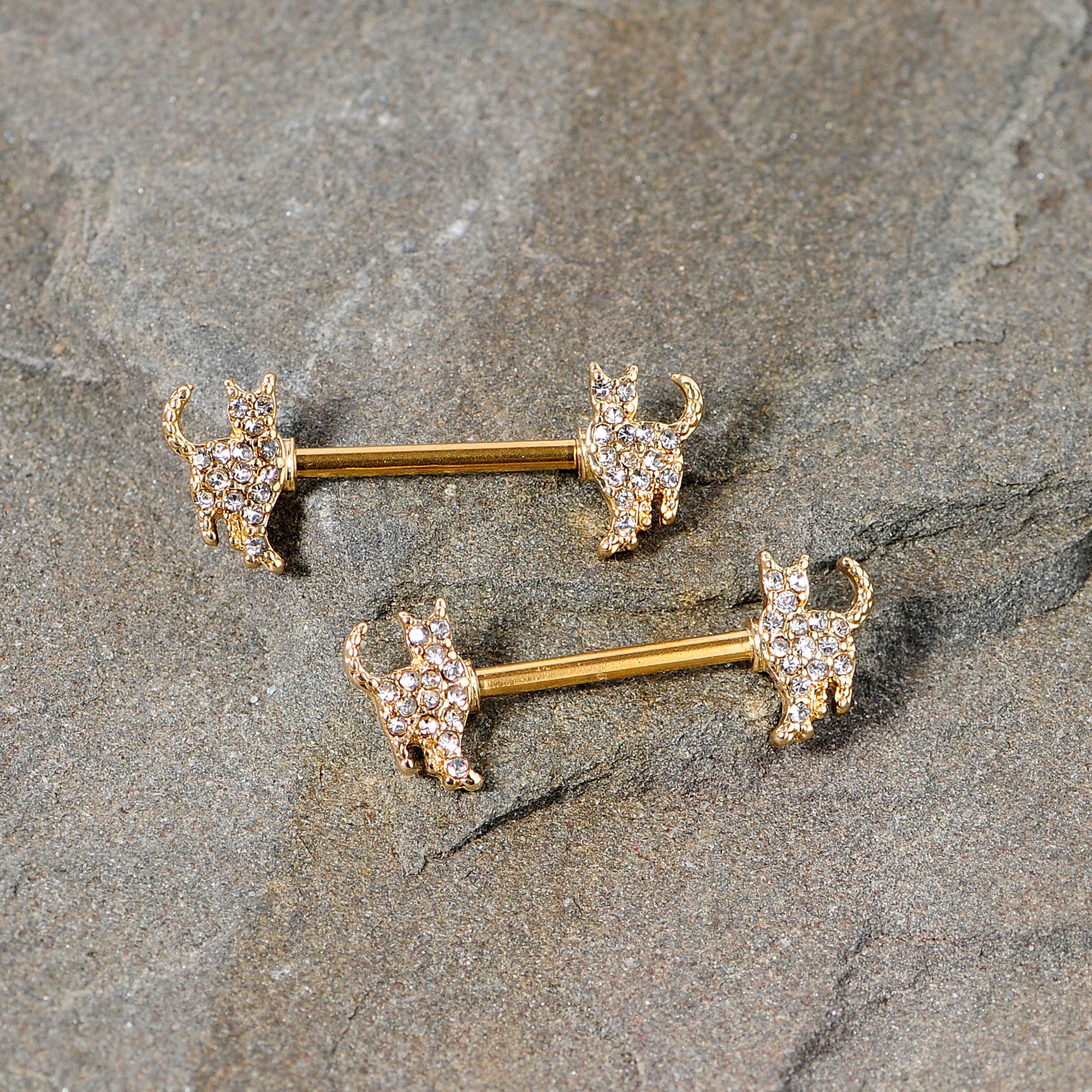 14G 9/16 Clear Gem Gold Tone Glamour Cat Barbell Nipple Ring Set