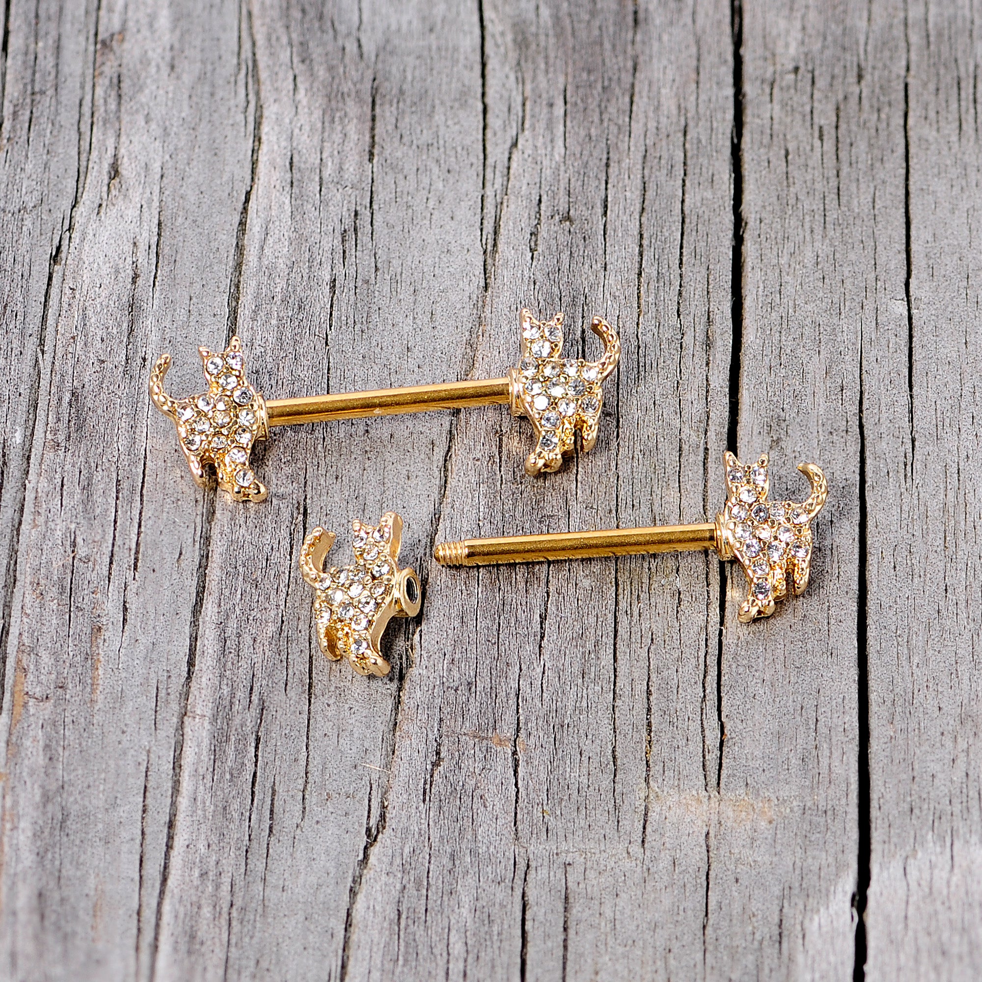 14G 9/16 Clear Gem Gold Tone Glamour Cat Barbell Nipple Ring Set