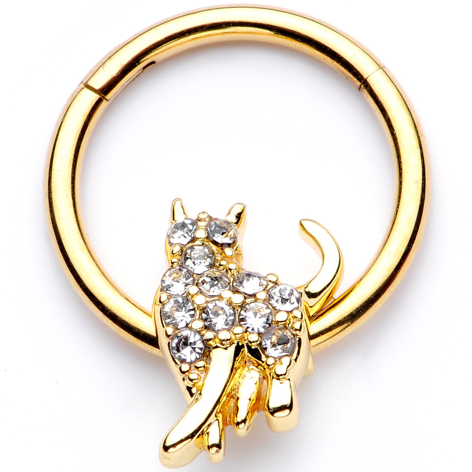 16G 3/8 Clear Gem Gold Tone Glamourpuss Cat Hinged Segment Ring