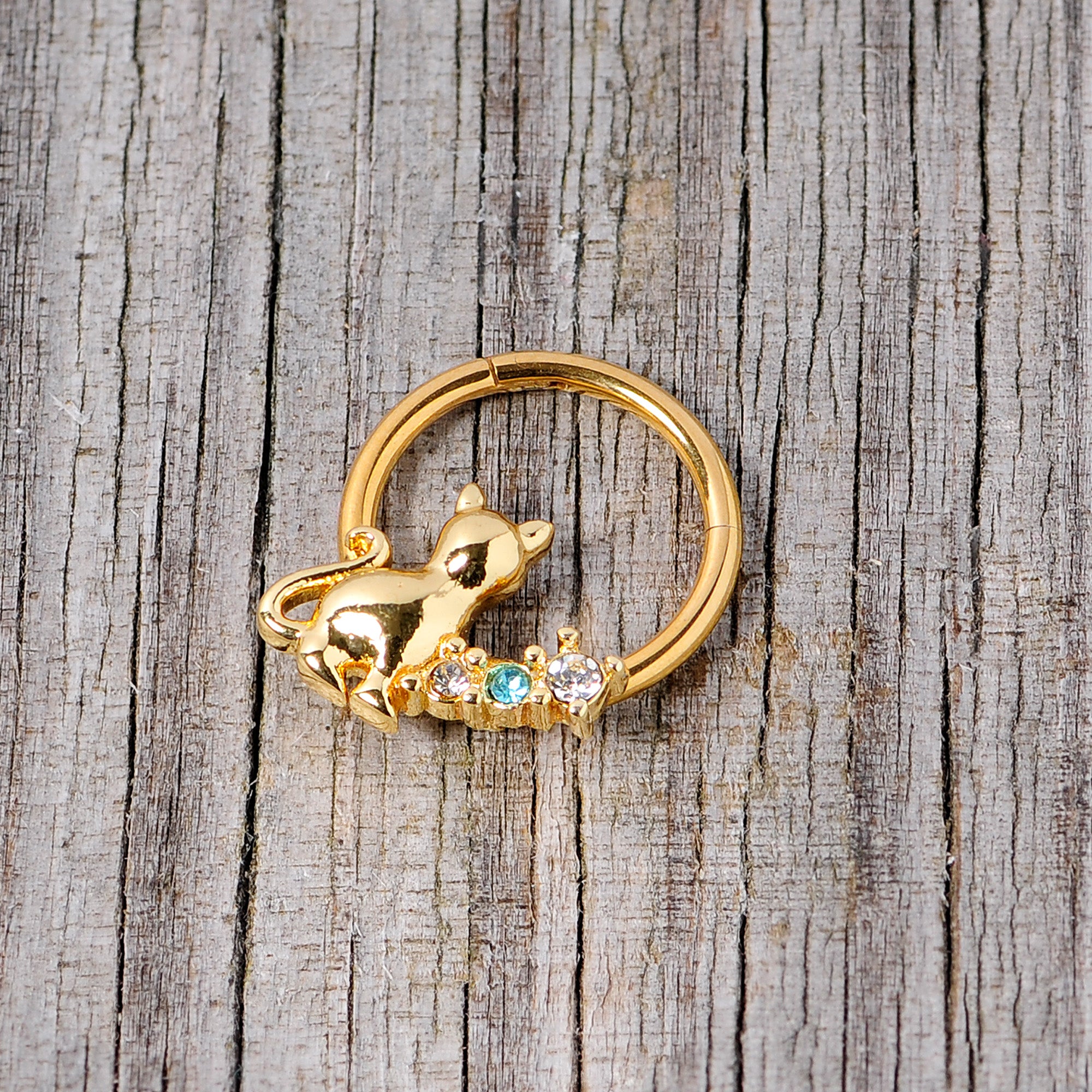 16G 3/8 Blue Clear Gem Gold Tone Cat Hinged Segment Ring