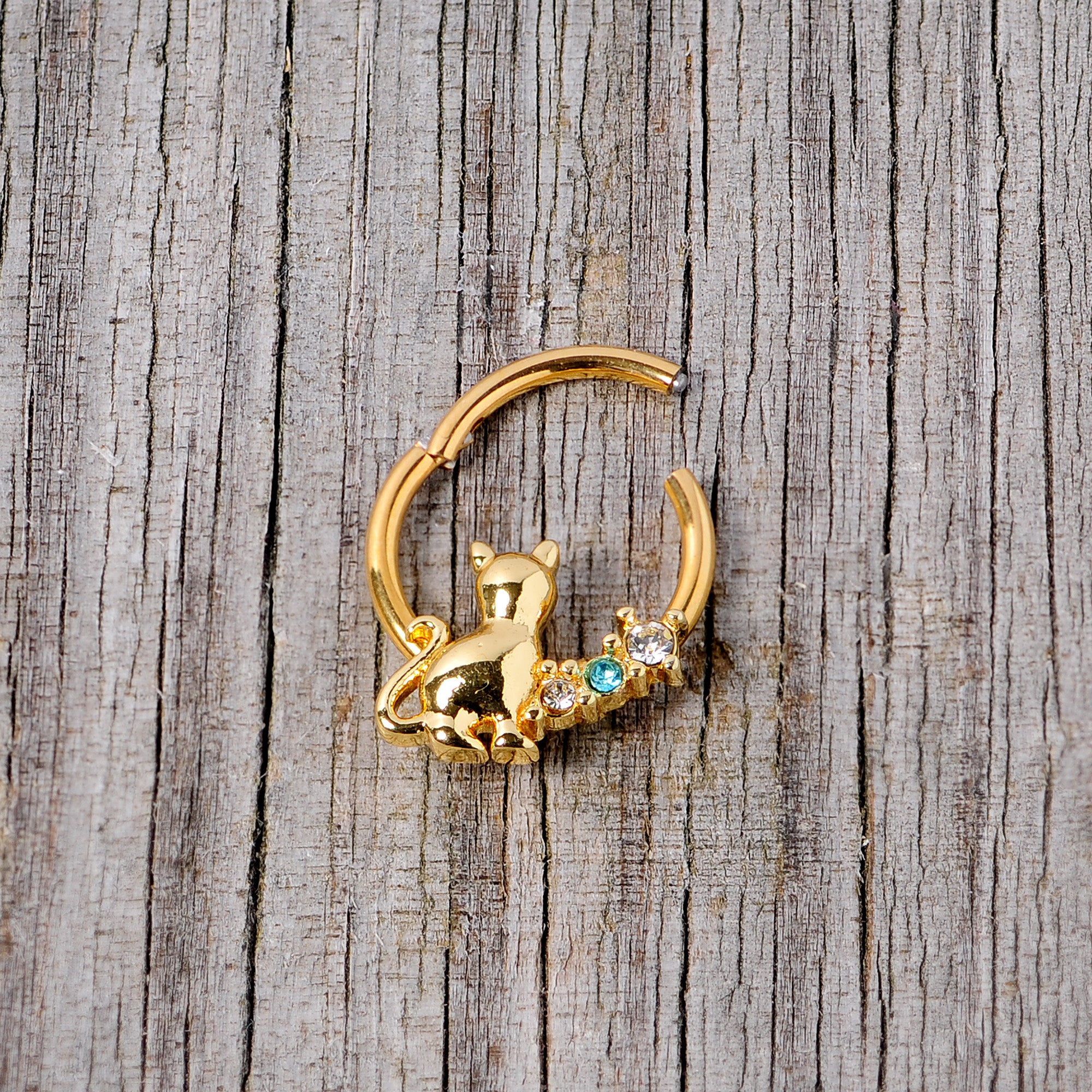 16G 3/8 Blue Clear Gem Gold Tone Cat Hinged Segment Ring