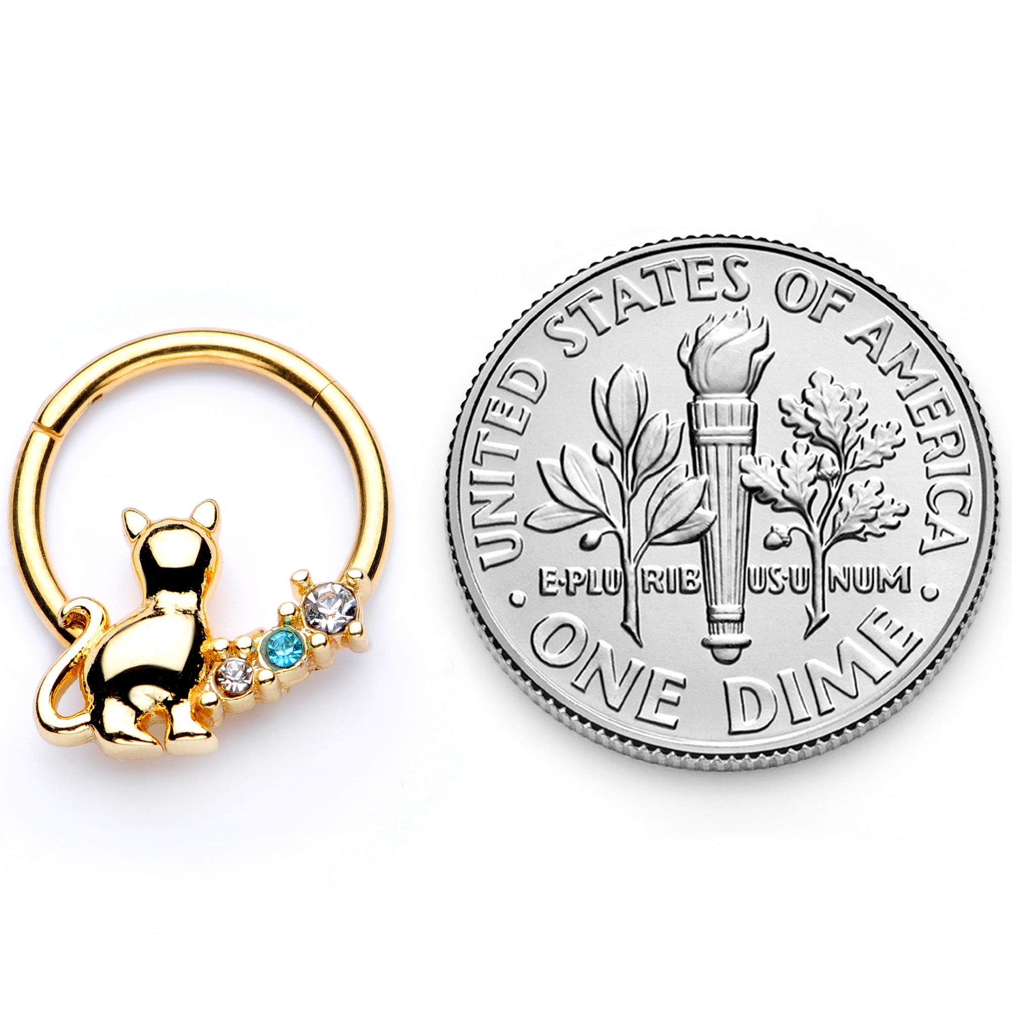 16G 3/8 Blue Clear Gem Gold Tone Cat Hinged Segment Ring