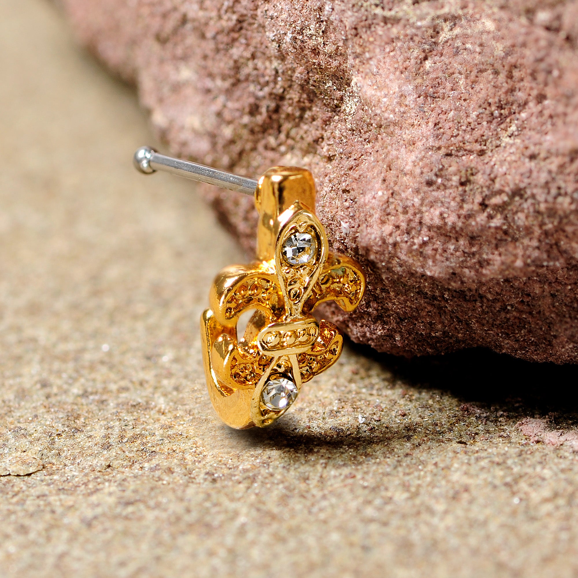 20G 3/8 Clear Gem Gold Tone Fleur De Lis Faux Hoop Nose Bone