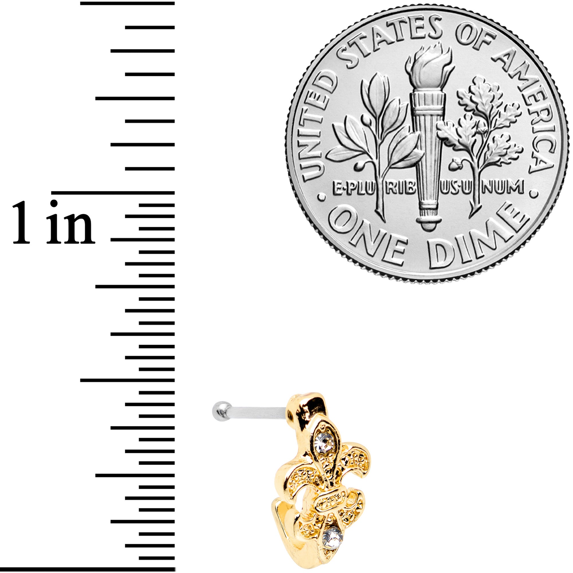 20G 3/8 Clear Gem Gold Tone Fleur De Lis Faux Hoop Nose Bone