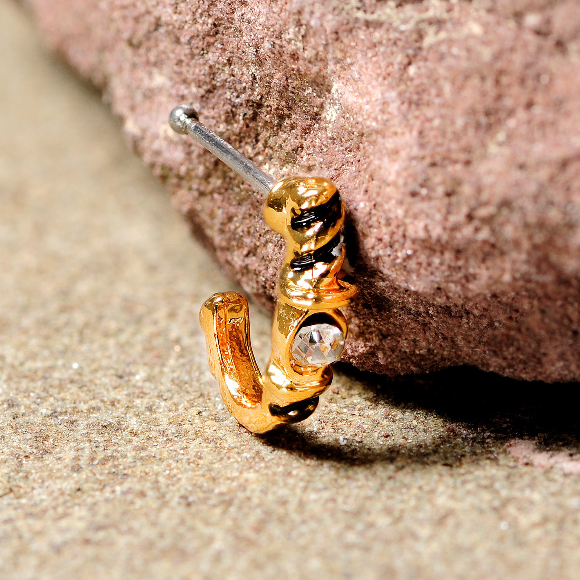 20G 3/8 Clear Gem Gold Tone Twist Faux Hoop Nose Bone