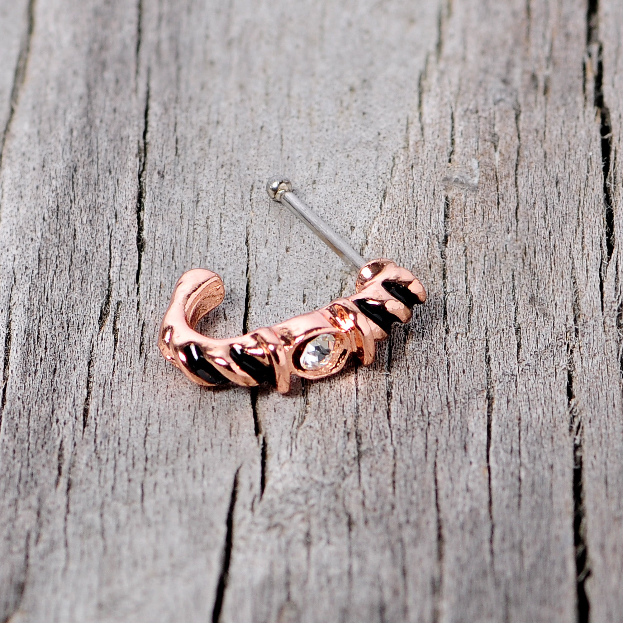 20G 3/8 Clear Gem Rose Gold Tone Twist Faux Hoop Nose Bone