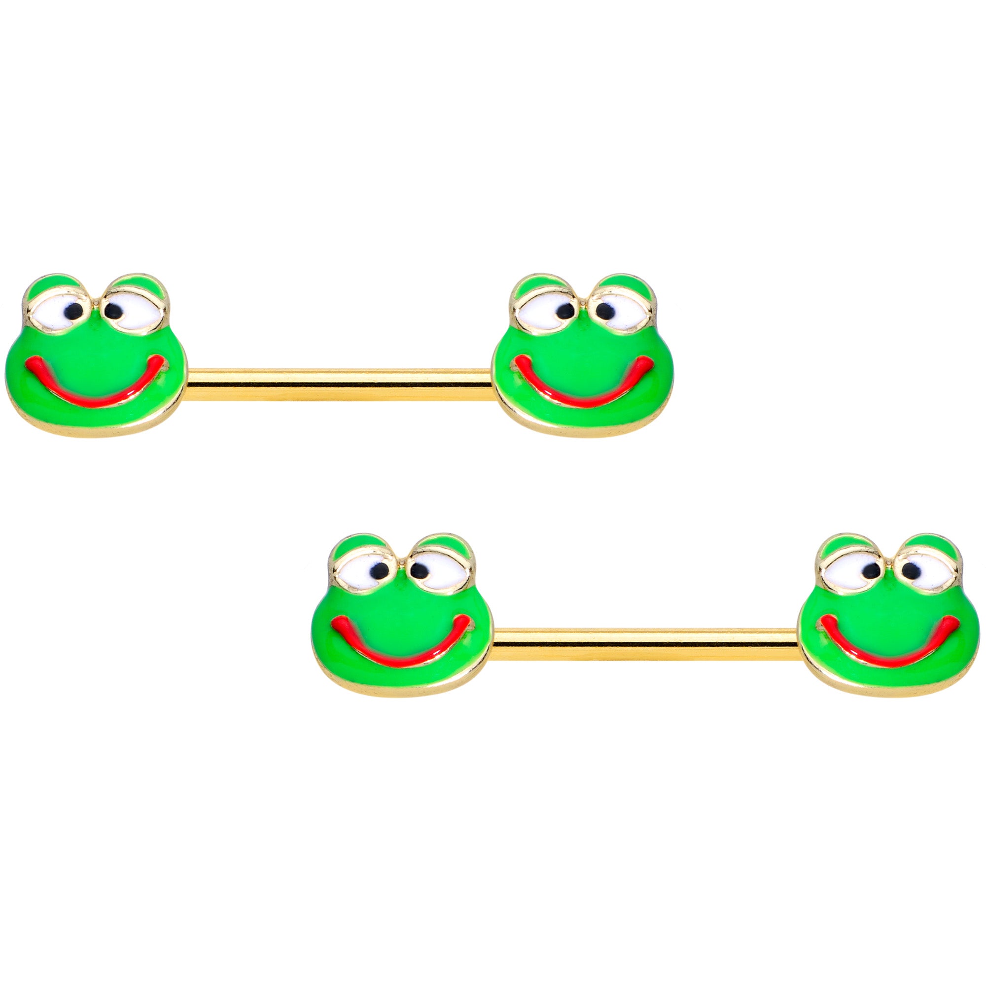 14G 9/16 Gold Tone Green Goofy Frog Barbell Nipple Ring Set