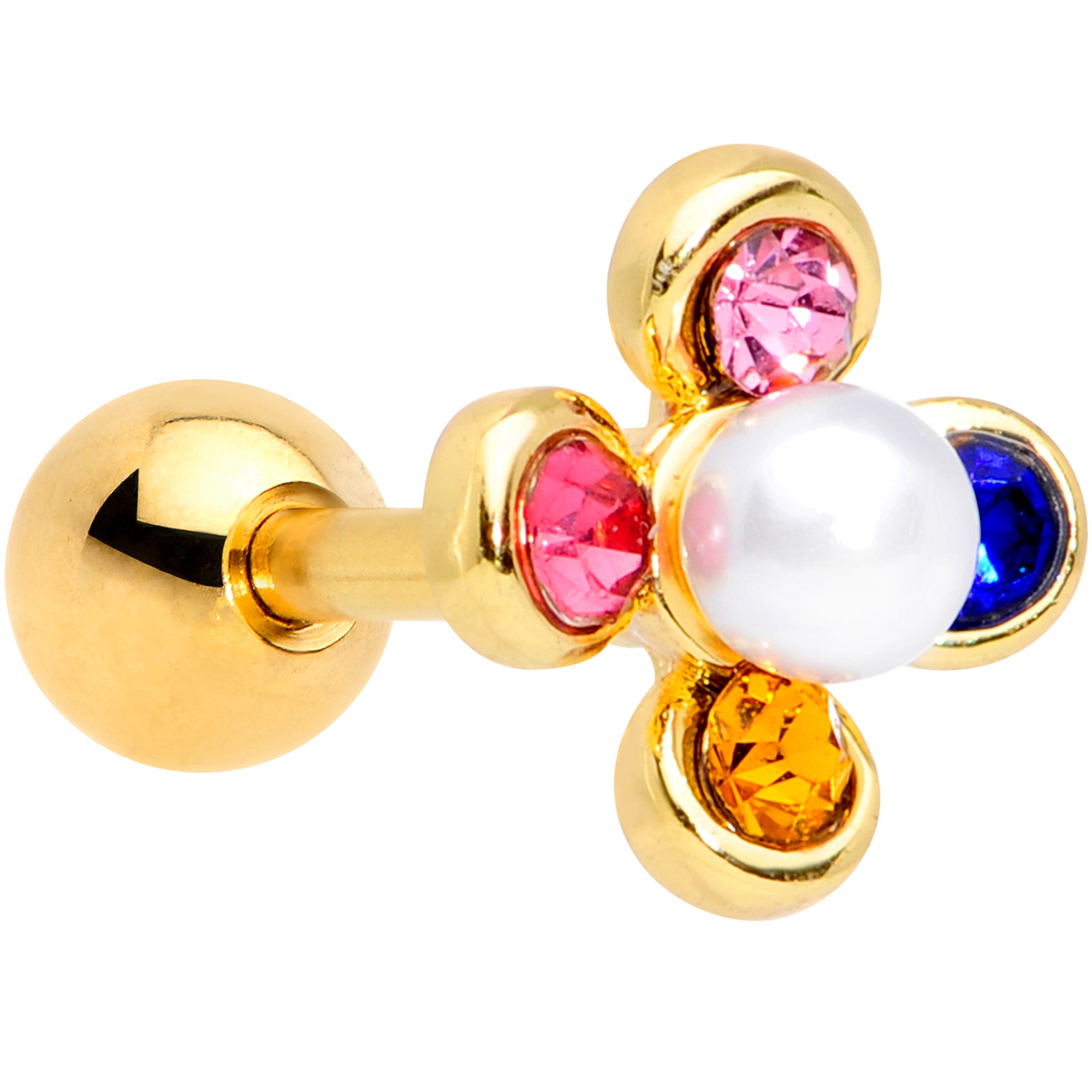 16G 1/4 Pink Blue Gem Gold Tone Flower Cartilage Tragus Earring