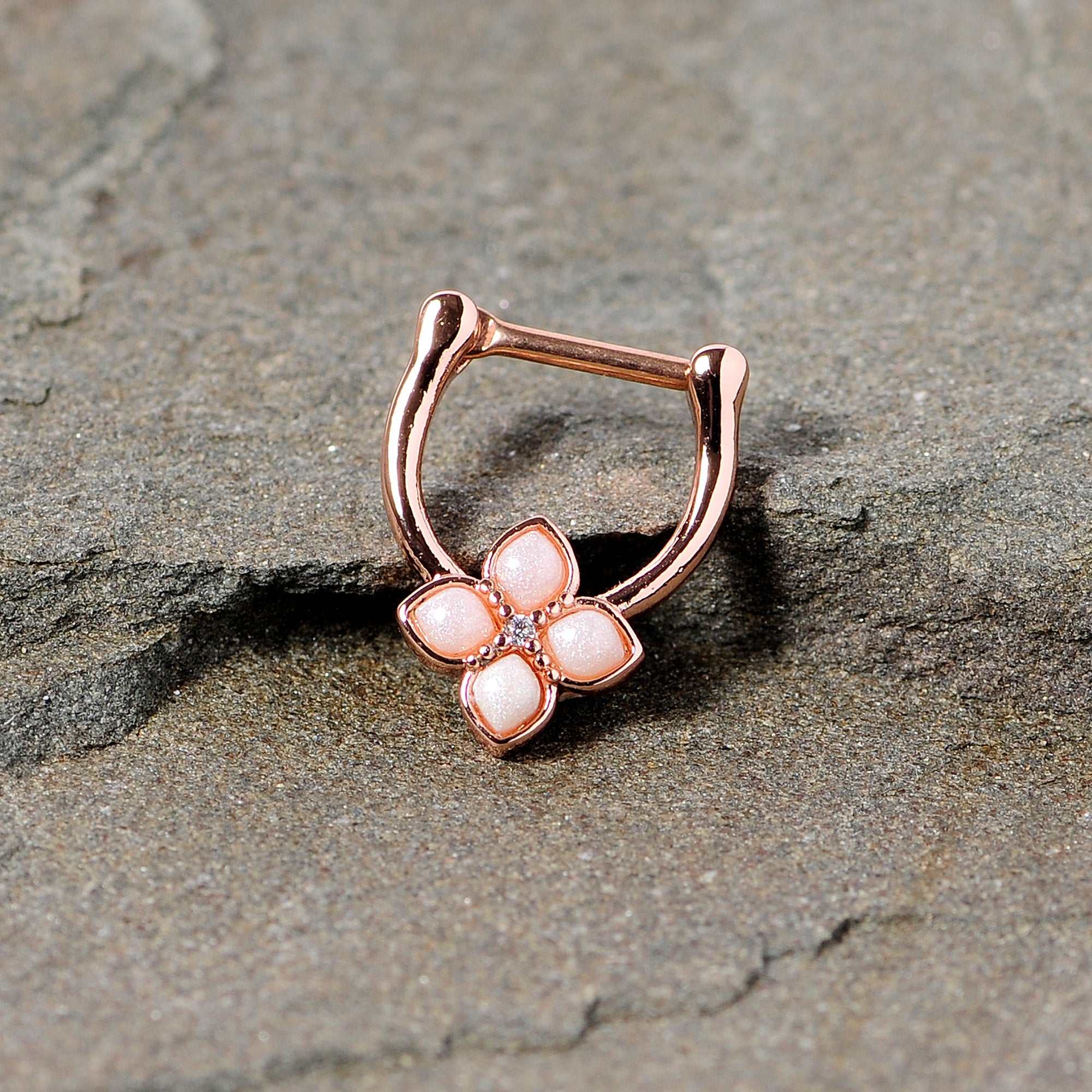 16G 3/8 White Faux Opal Rose Gold Tone Regal Cartilage Clicker