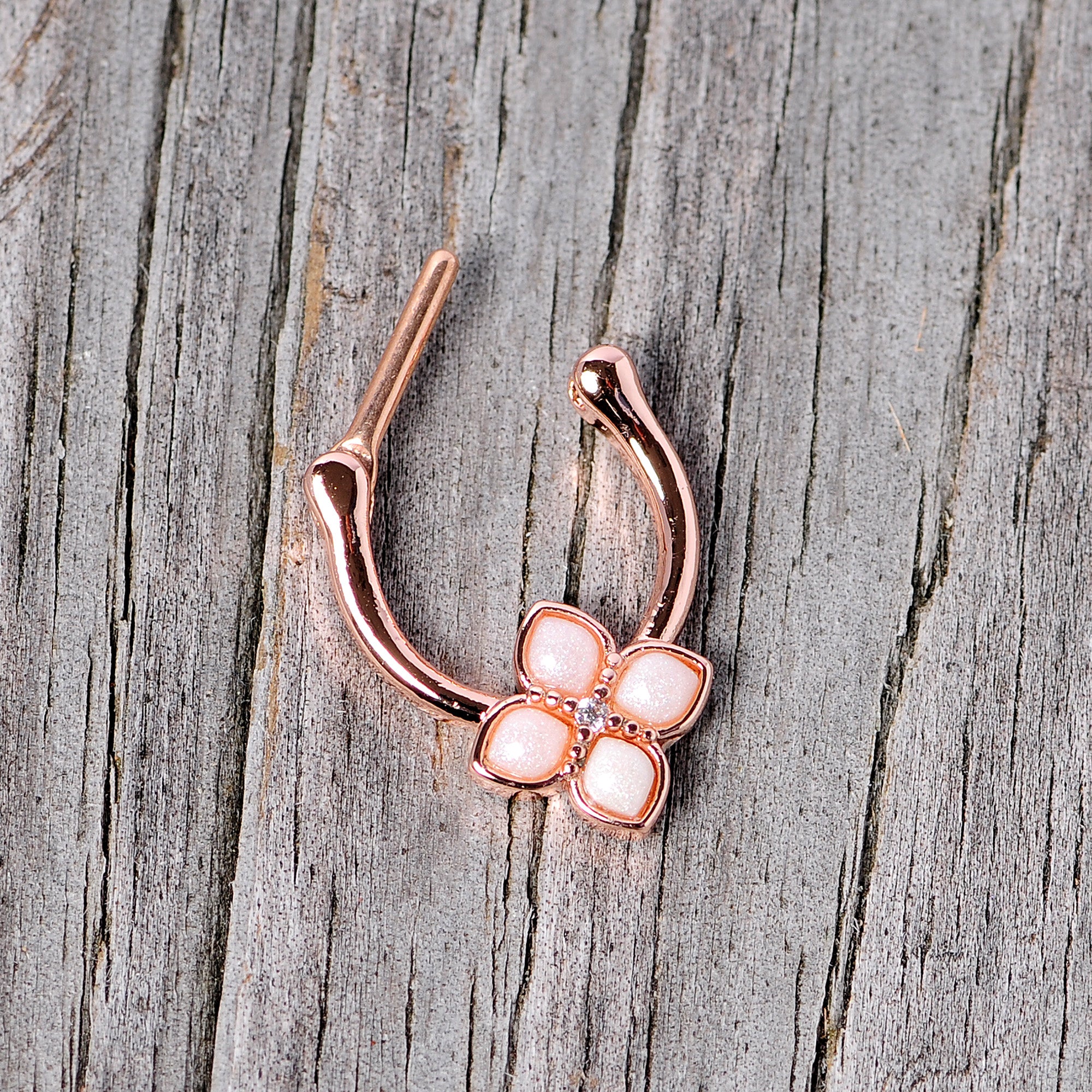 16G 3/8 White Faux Opal Rose Gold Tone Regal Cartilage Clicker