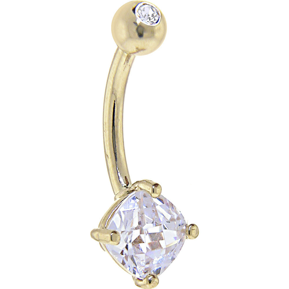 Solid 14KT Yellow Gold 5mm Cubic Zirconia SQUARE Belly Ring