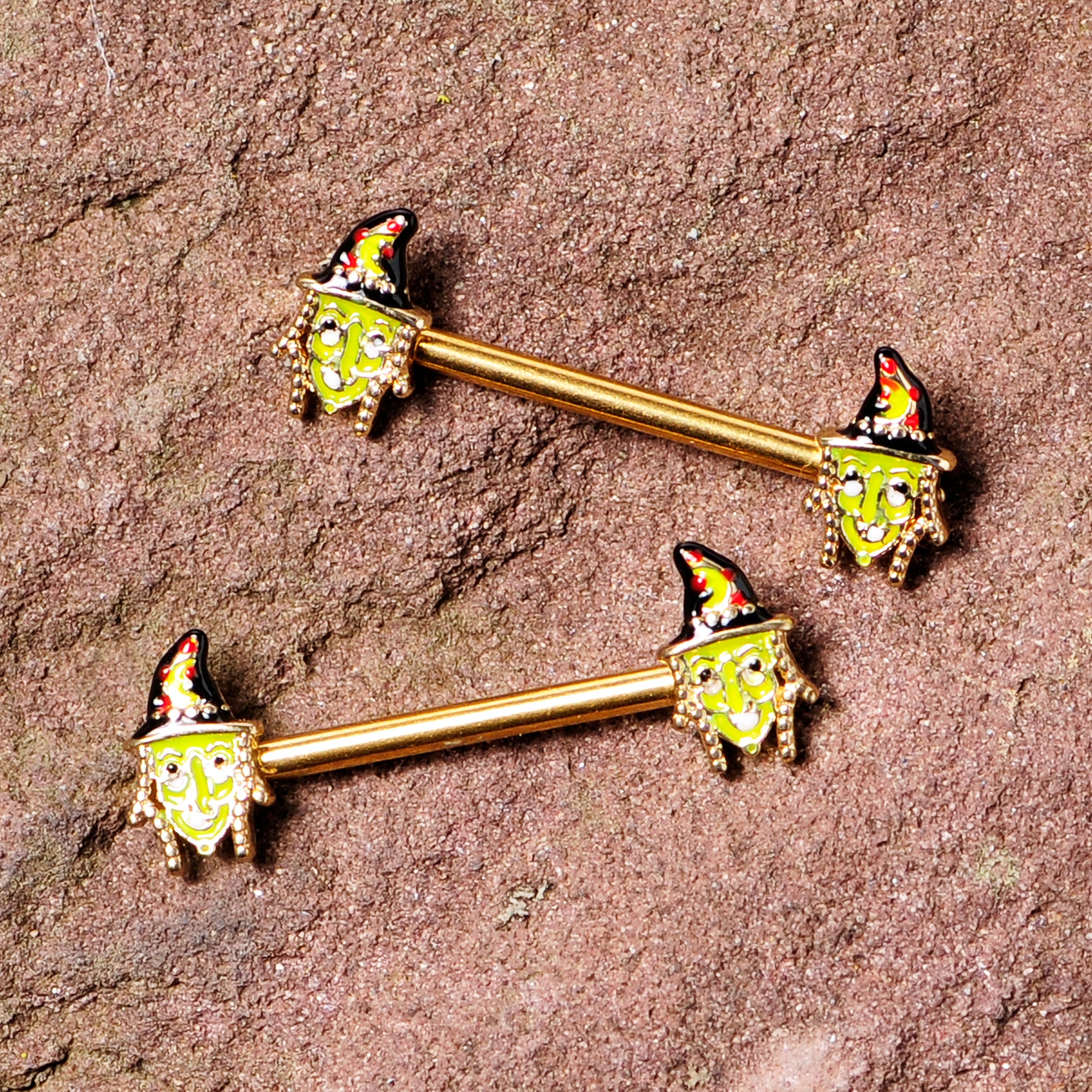 14 Gauge 9/16 Gold Tone Witch Halloween Barbell Nipple Ring Set