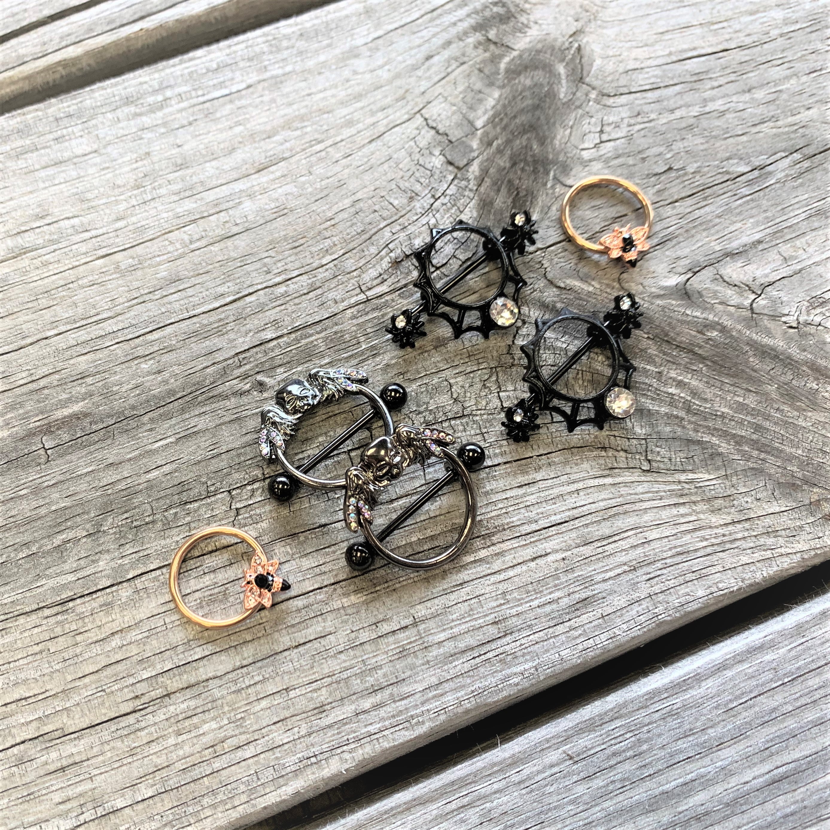 14G 7/8 Aurora Gem Black Winged Skull Halloween Nipple Shield Set