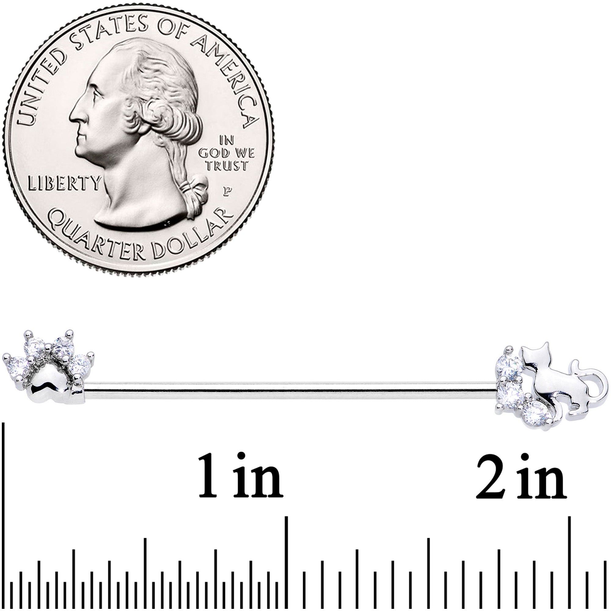 14G Clear CZ Gem Paw Print Cat Industrial Barbell 38mm