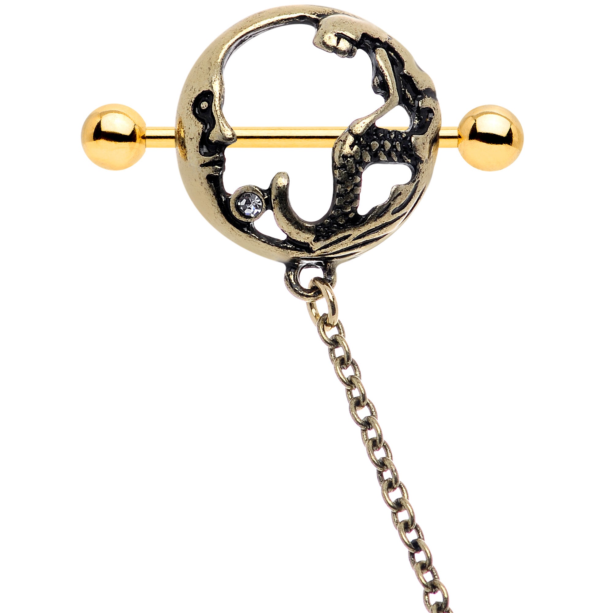 14G Clear Gem Gold Tone Moon Mermaid Nipple Shield Dangle Chain