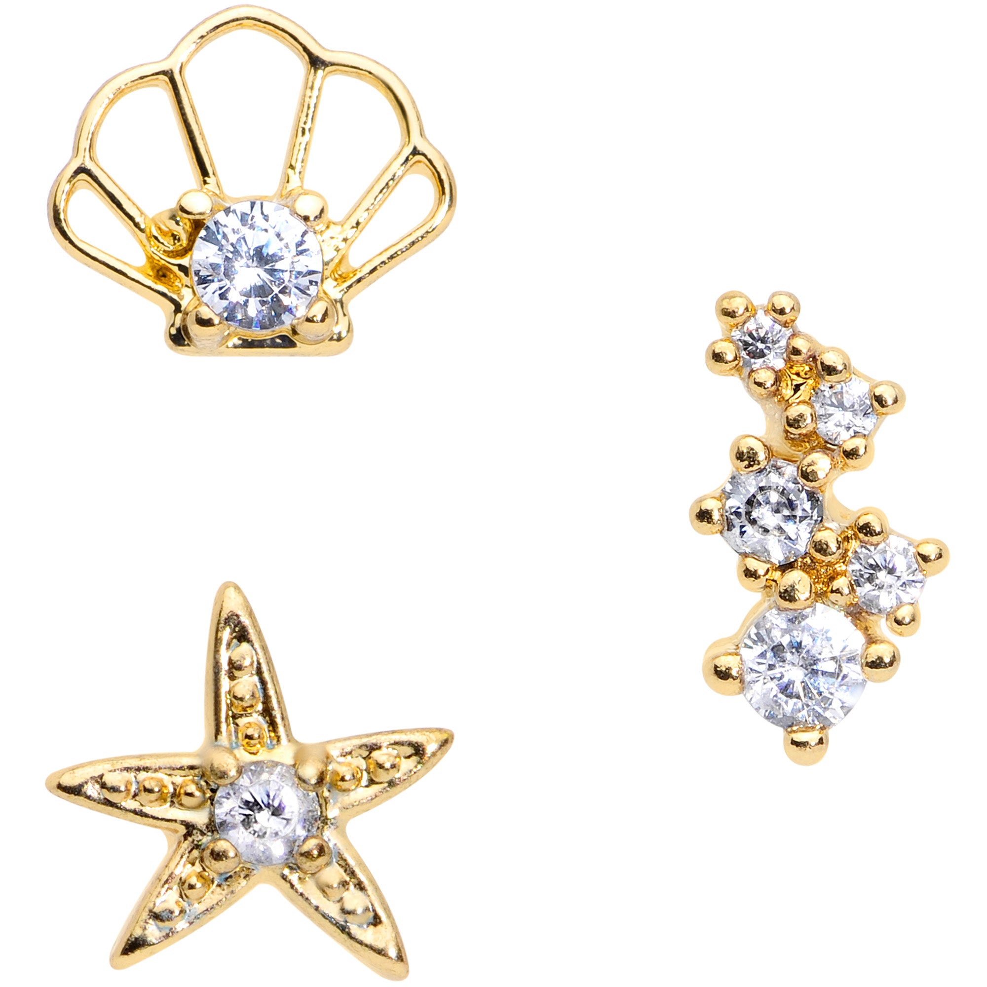 16G 1/4 Clear CZ Gem Gold Tone Nautical Cartilage Tragus Set of 3