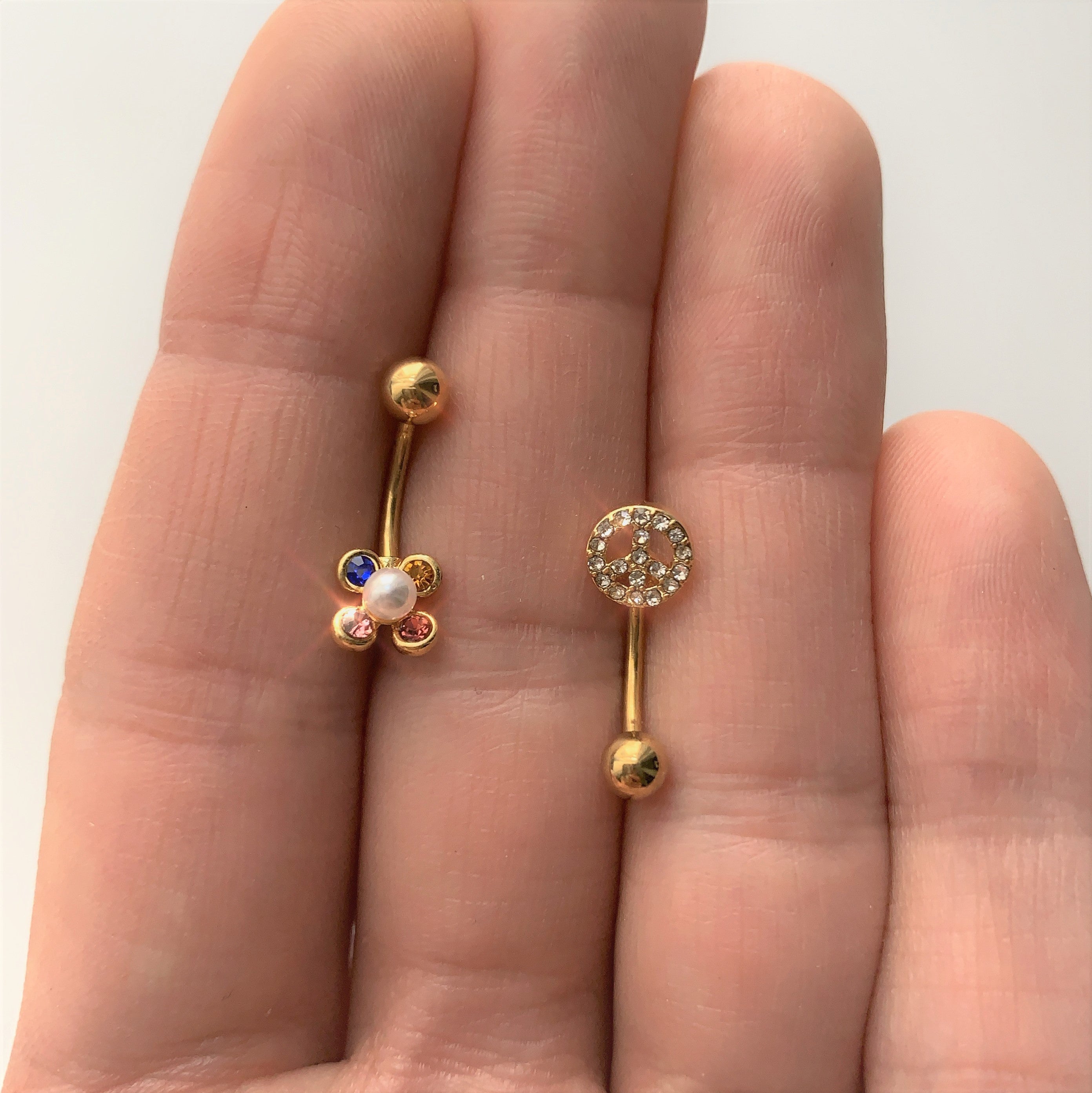 16G 5/16 Pink Blue Gem Gold Tone Flower Curved Eyebrow Ring