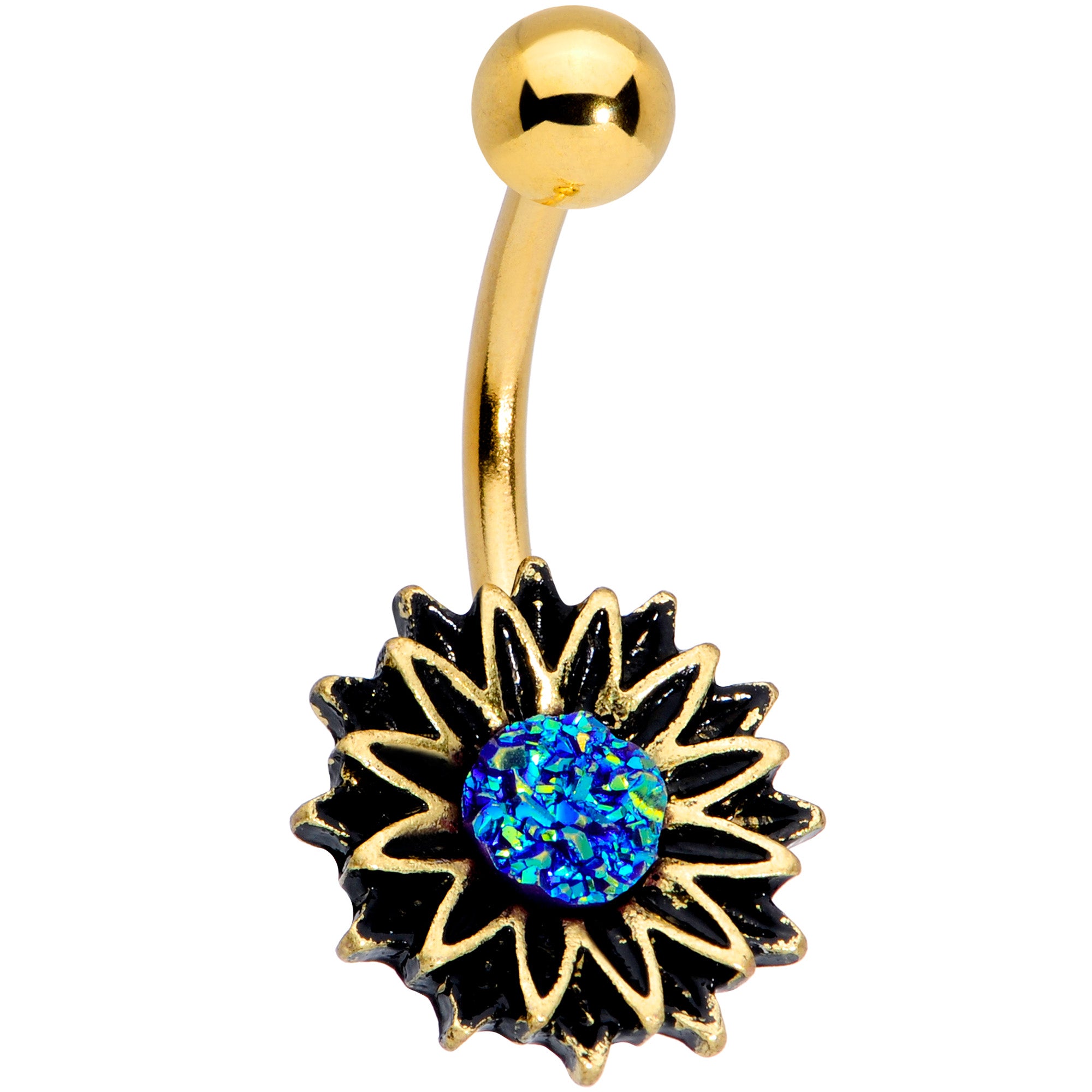 Gold Tone Aqua Center Sunburst Flower Belly Ring