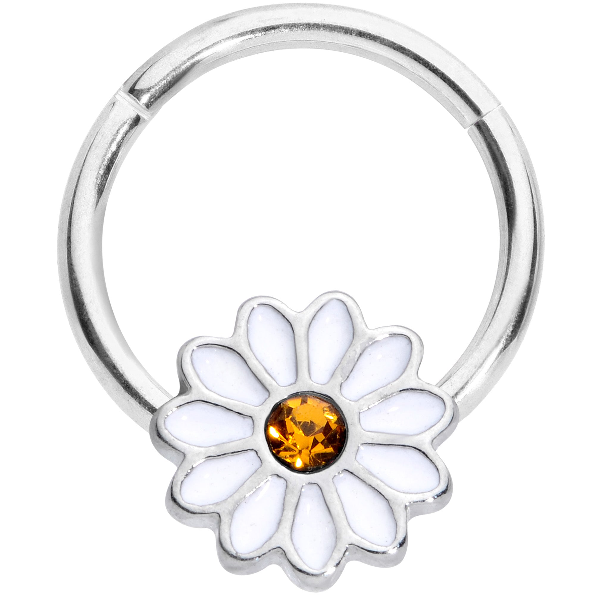 16G 3/8 Yellow Gem Hippie White Daisy Flower Hinged Segment Ring