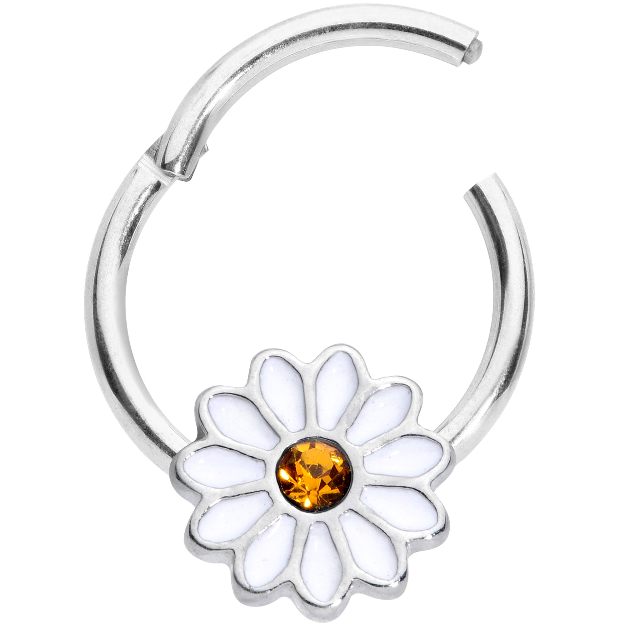 16G 3/8 Yellow Gem Hippie White Daisy Flower Hinged Segment Ring