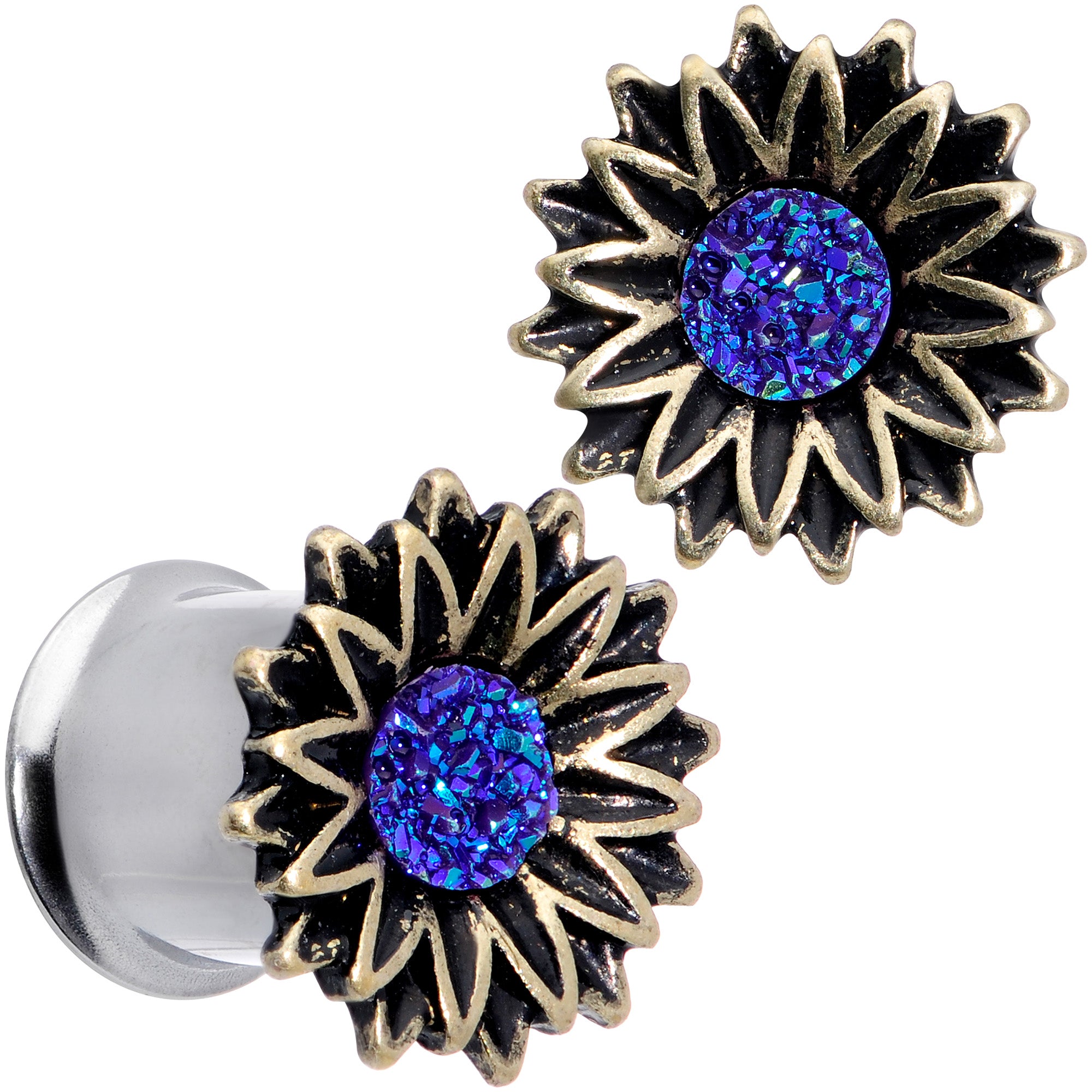 Blue Faux Druzy Sunburst Flower Double Flare Plug Set 2G to 1"