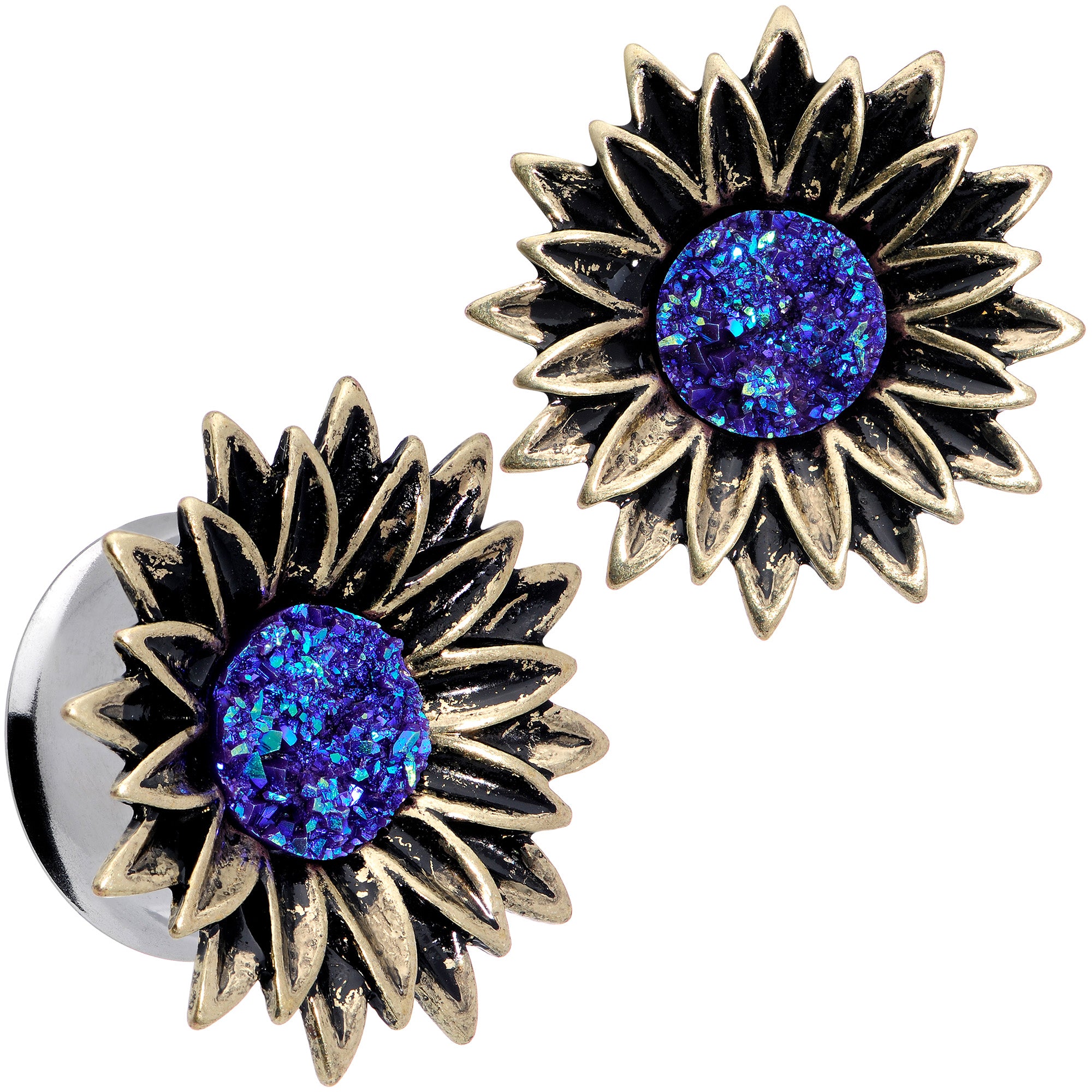 Blue Faux Druzy Sunburst Flower Double Flare Plug Set 2G to 1"