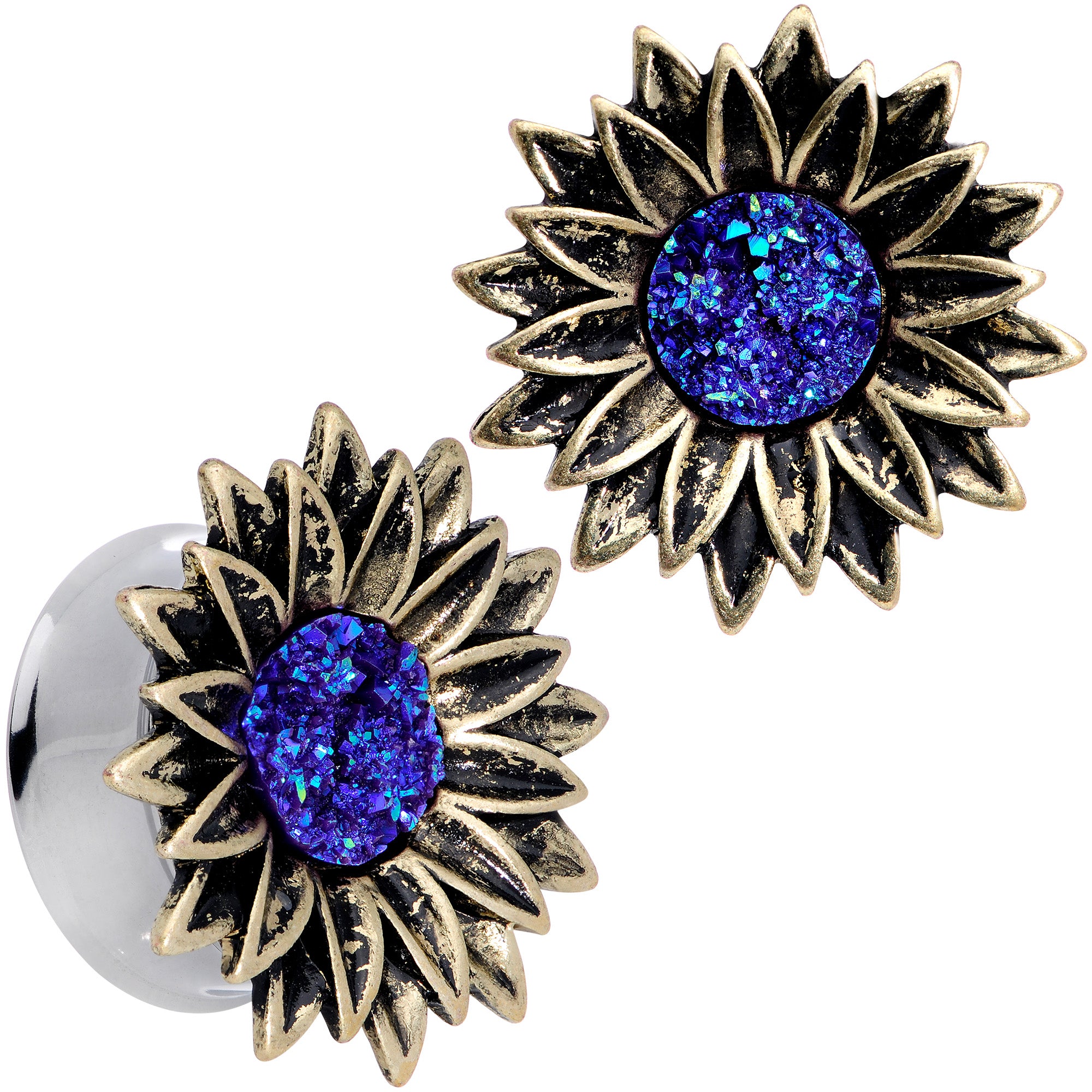 Blue Faux Druzy Sunburst Flower Double Flare Plug Set 2G to 1"