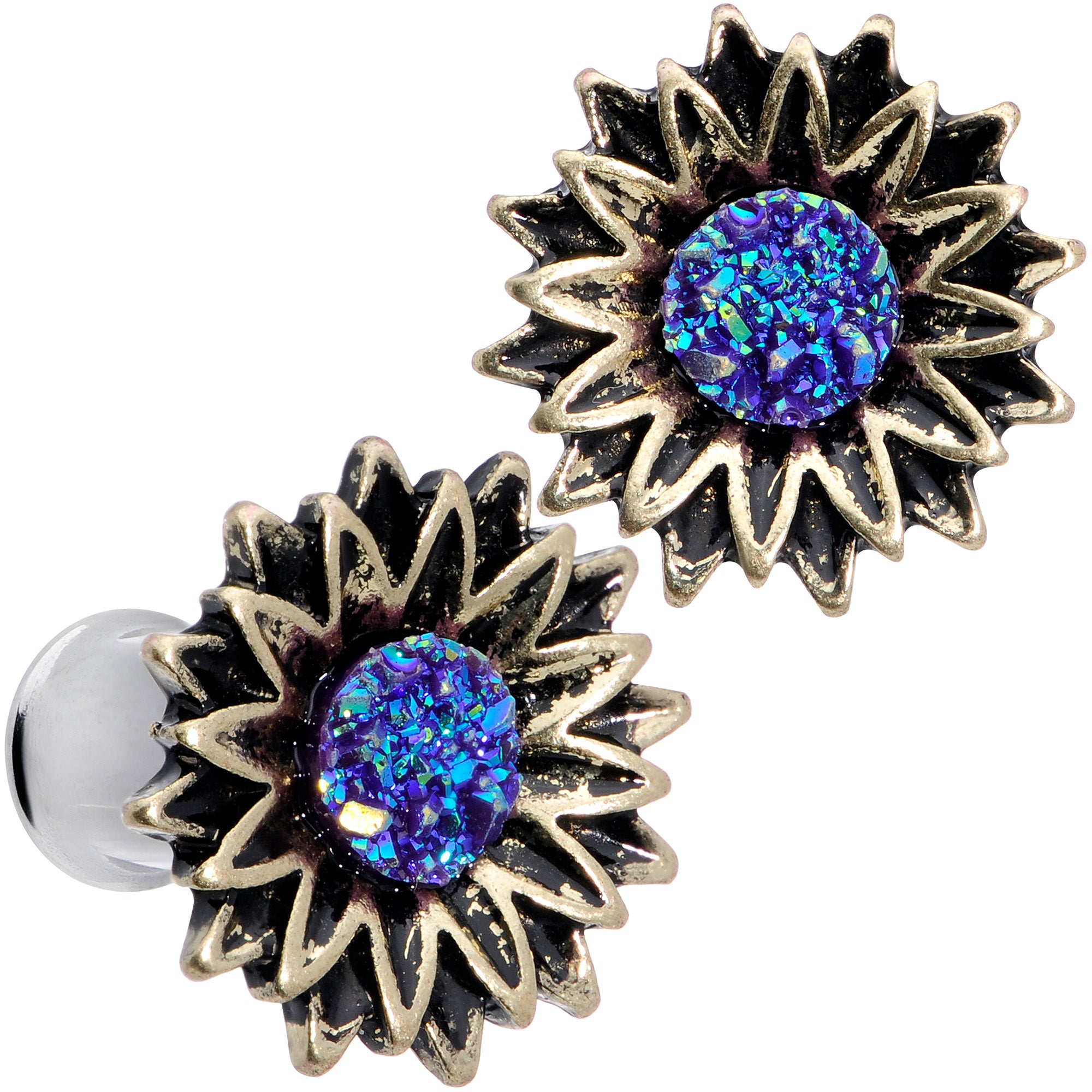 Blue Faux Druzy Sunburst Flower Double Flare Plug Set 2G to 1"