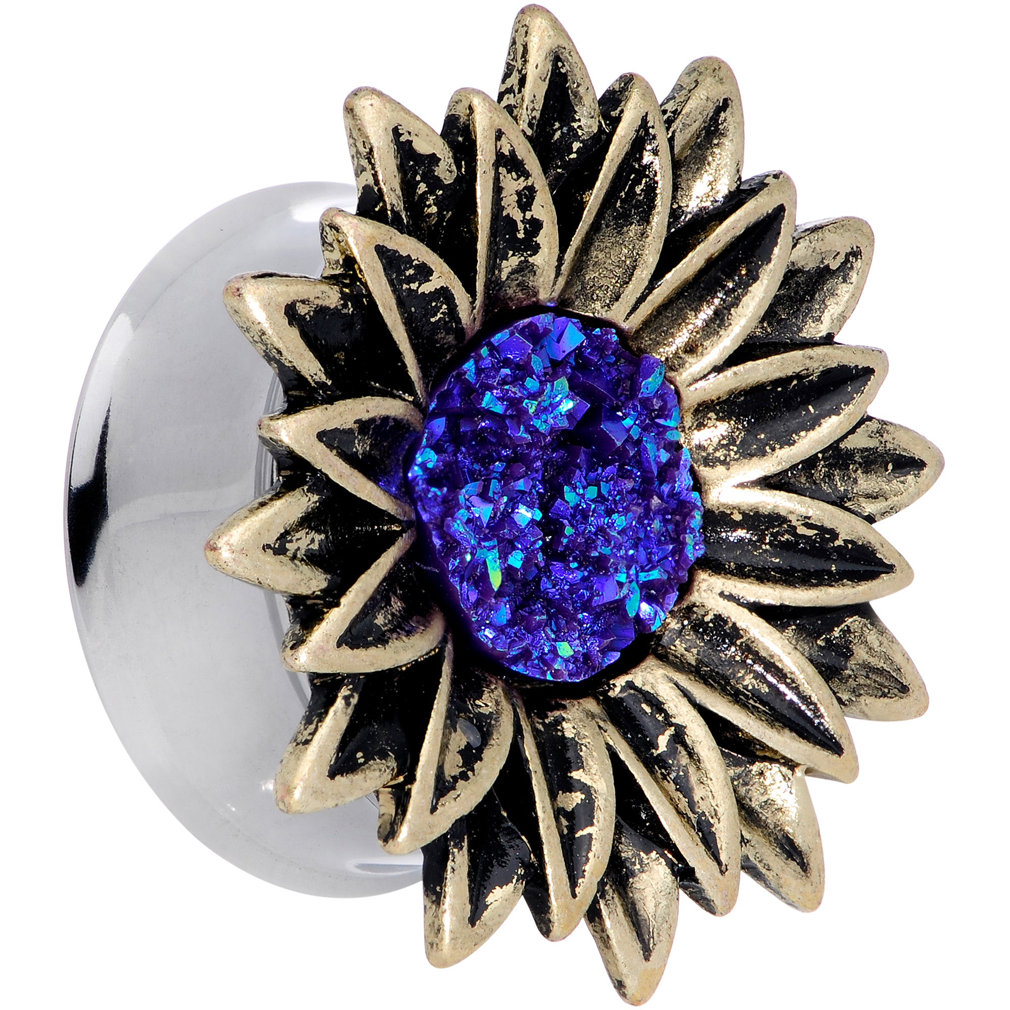 Blue Faux Druzy Sunburst Flower Double Flare Plug Set 2G to 1"