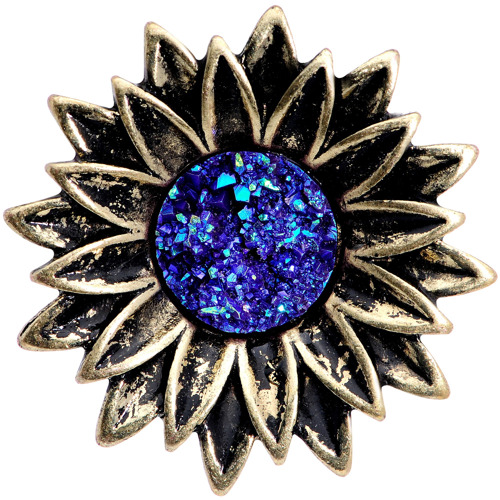 Blue Faux Druzy Sunburst Flower Double Flare Plug Set 2G to 1"