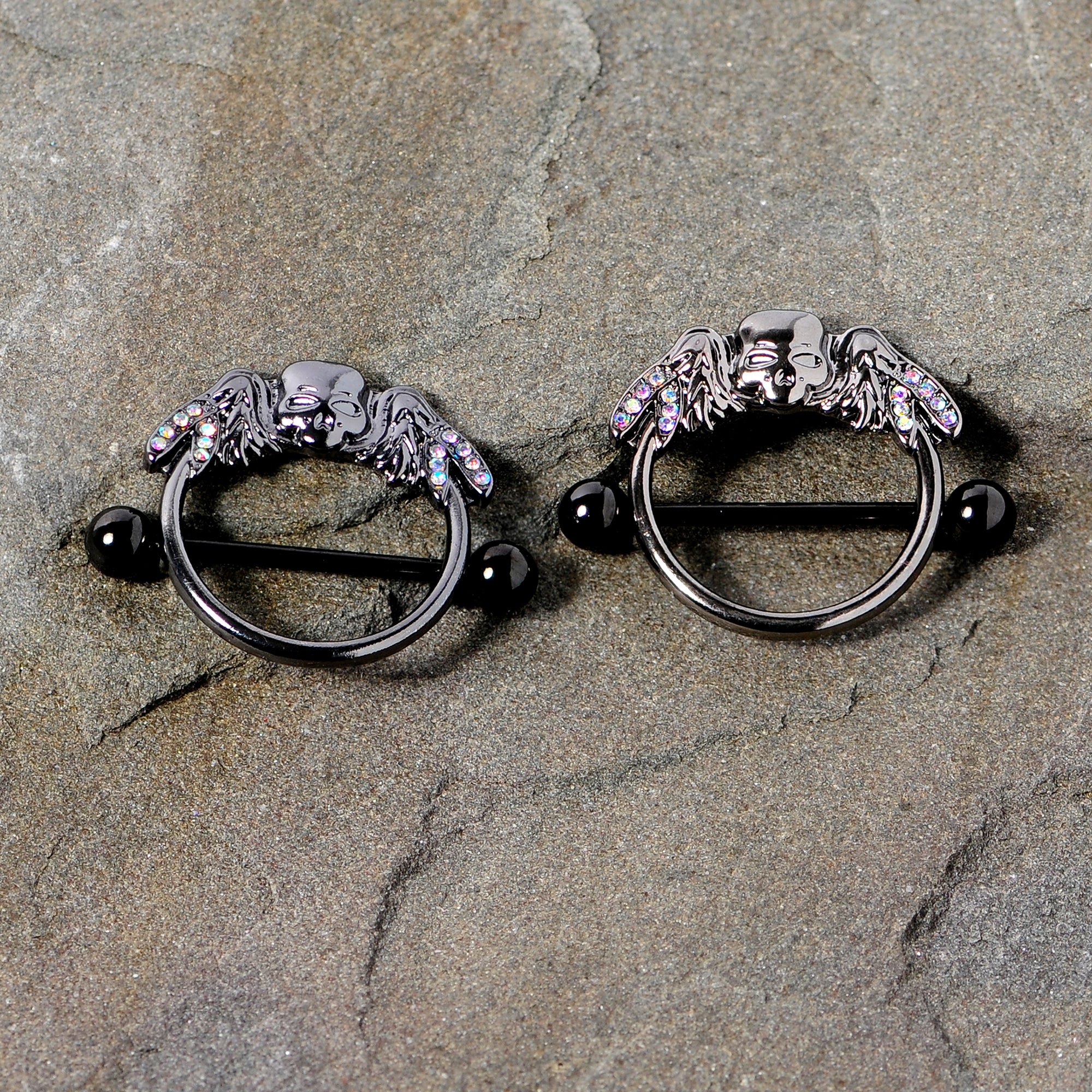 14G 7/8 Aurora Gem Black Winged Skull Halloween Nipple Shield Set
