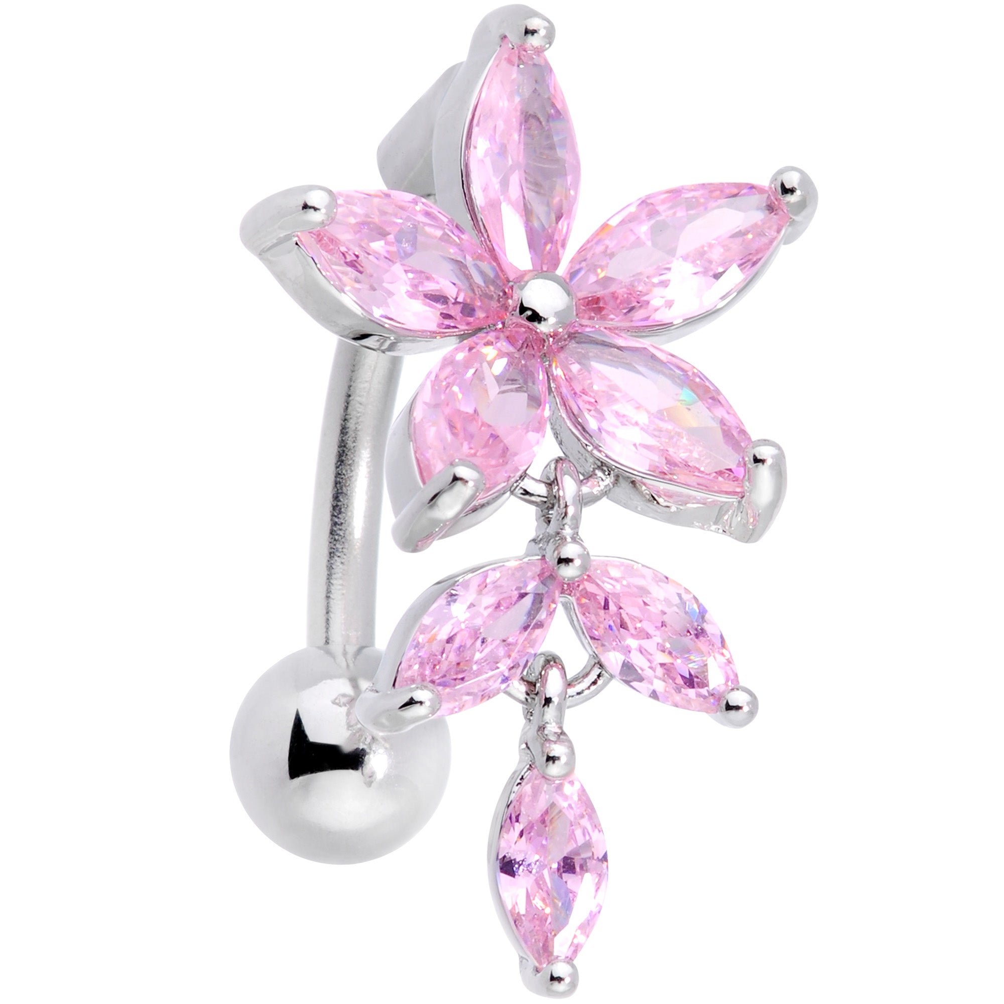 Pink CZ Gem Fashion Flower Dangle Top Mount Belly Ring
