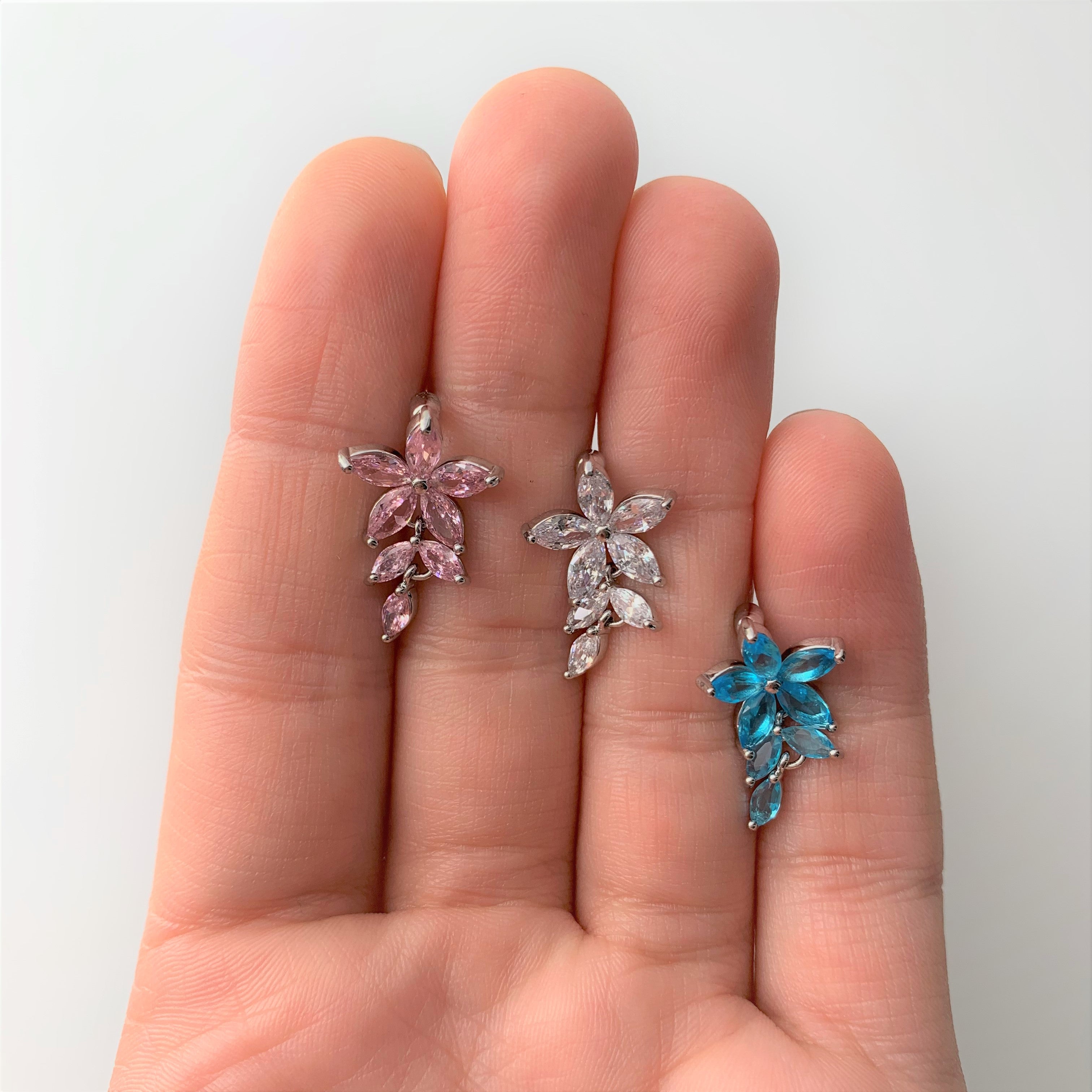 Pink CZ Gem Fashion Flower Dangle Top Mount Belly Ring