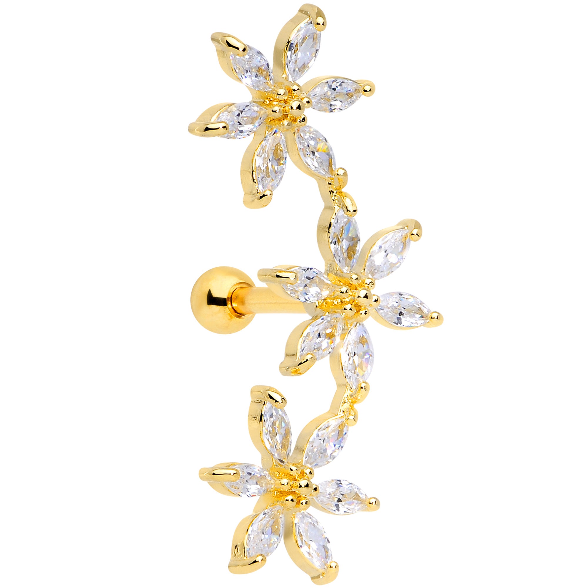 16G 1/4 Clear CZ Gem Gold Tone Tri Flower Cartilage
