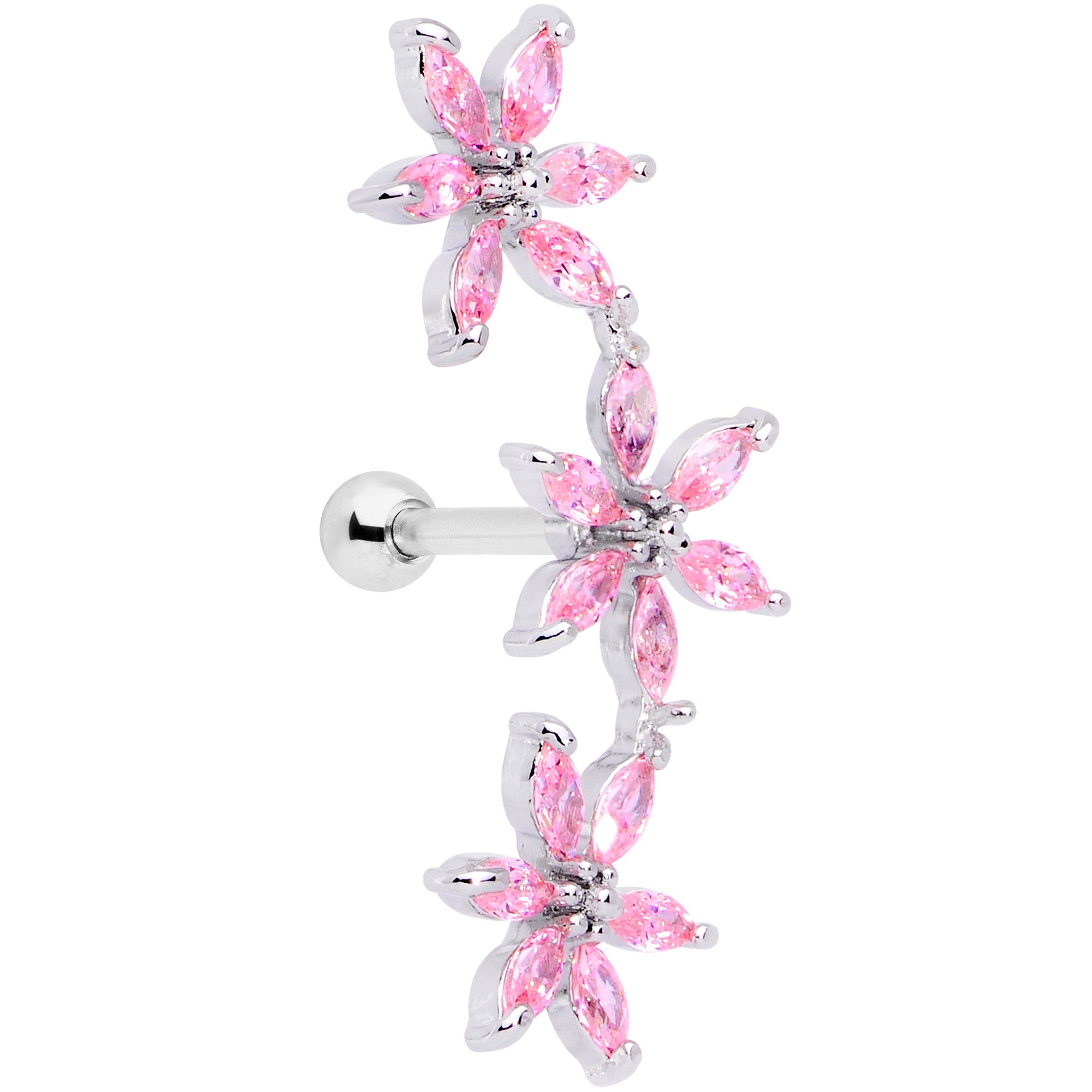 16G 1/4 Pink CZ Gem Tri Flower Cartilage