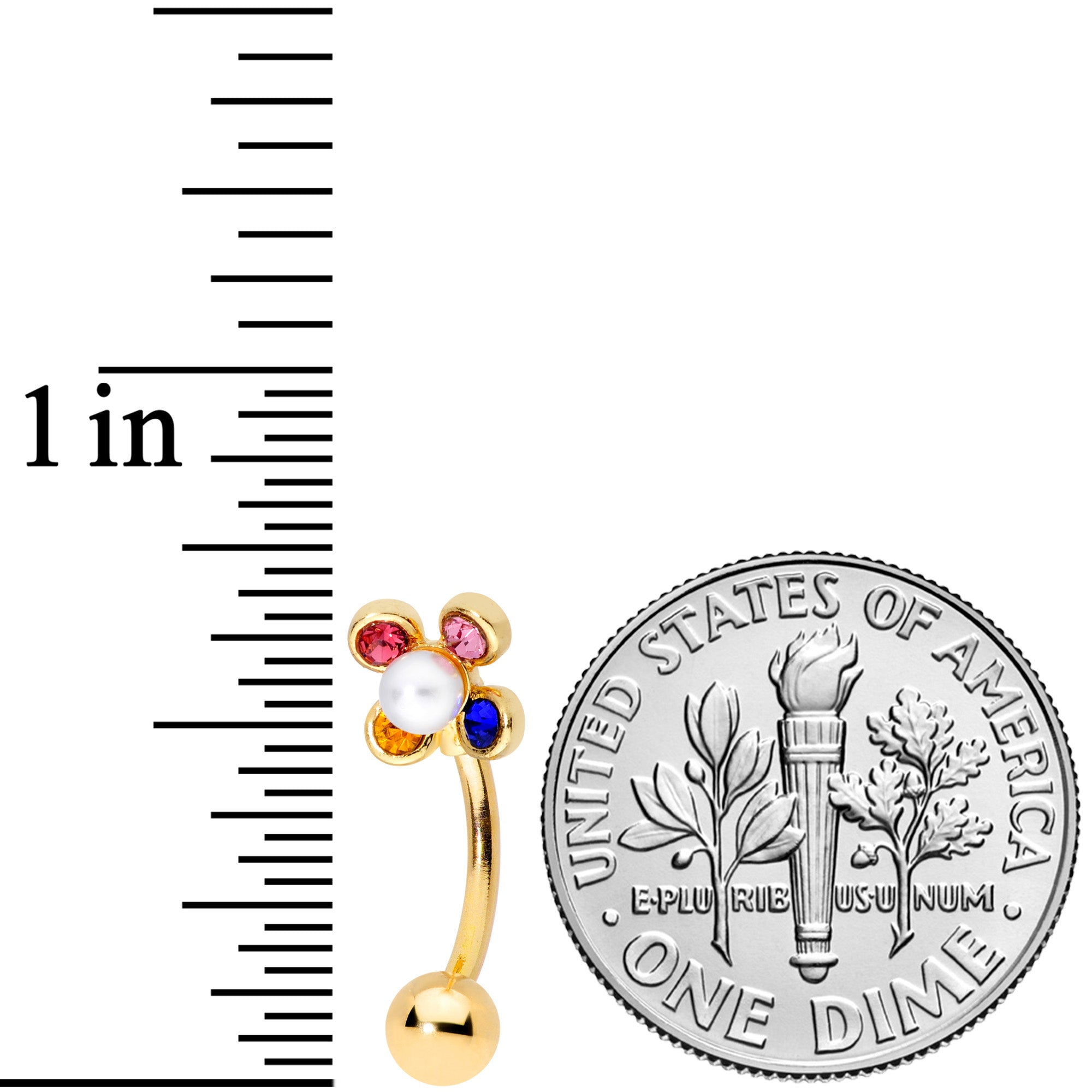 16G 5/16 Pink Blue Gem Gold Tone Flower Curved Eyebrow Ring